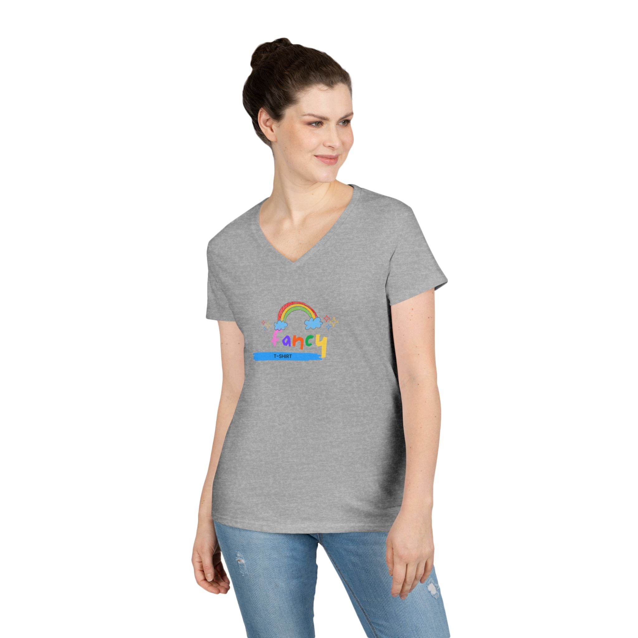"Fancy" V-Neck Tee — 'Fancy' Cute Rainbow Graphic