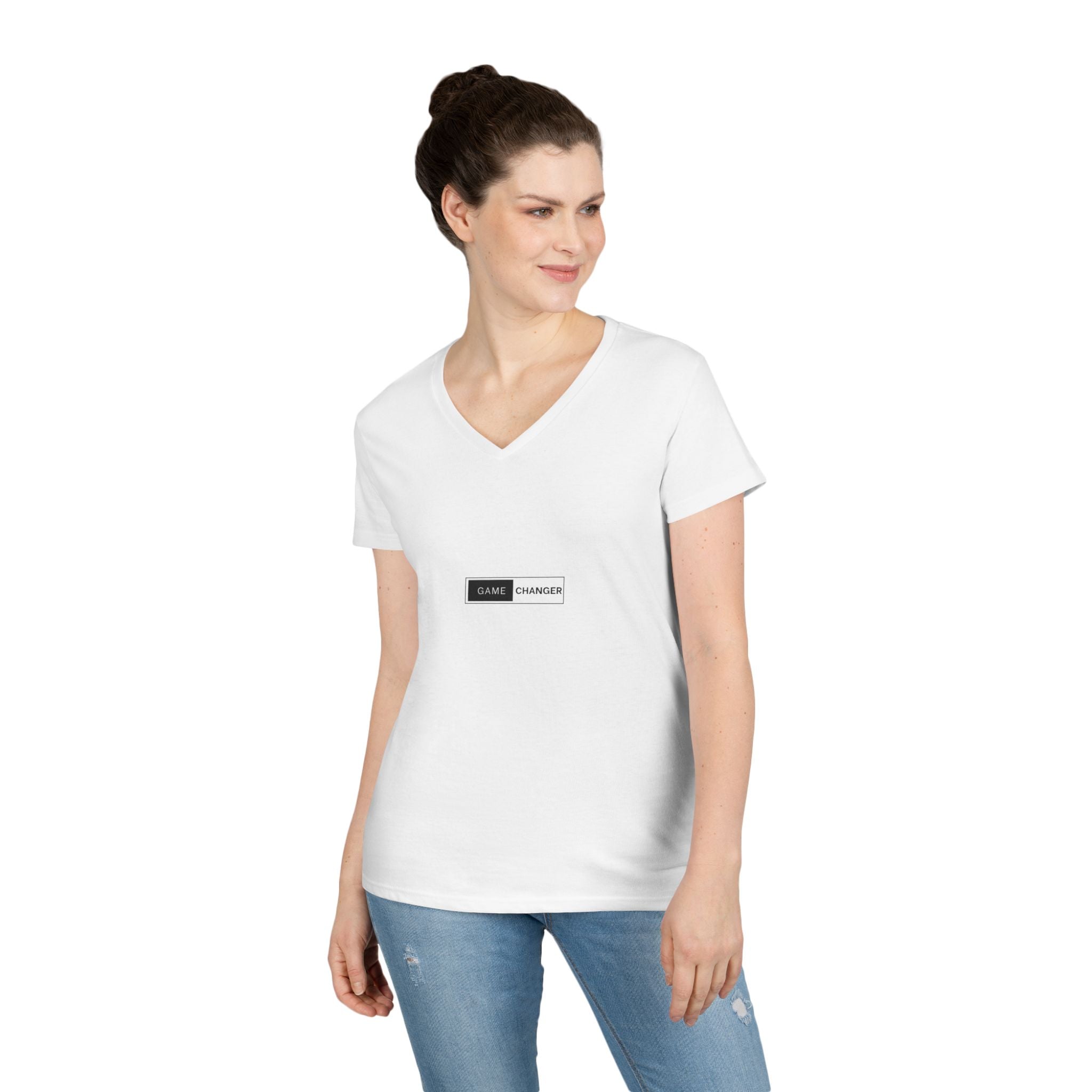 Game Changer Ladies' V-Neck T-Shirt — Minimal Front Logo & Colorful Back Art