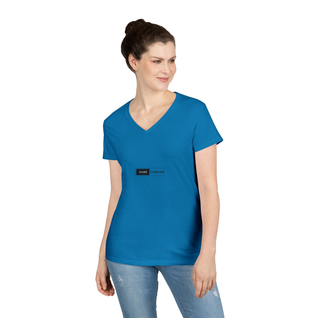 Game Changer Ladies' V-Neck T-Shirt — Minimal Front Logo & Colorful Back Art
