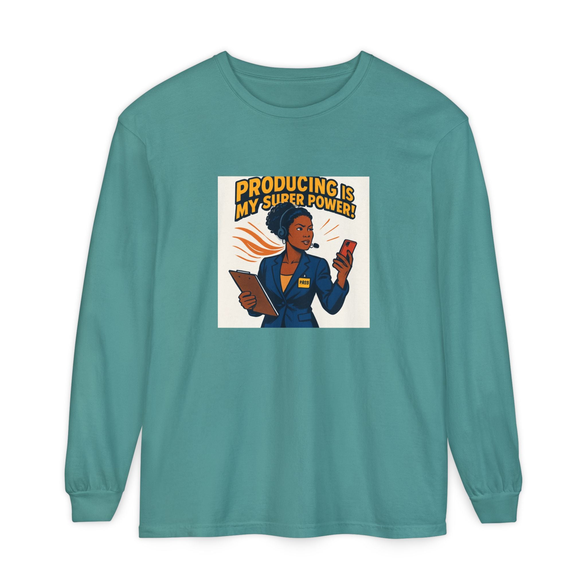 News Producer Power Long Sleeve Tee — "Producing Is My Superpower" Graphic