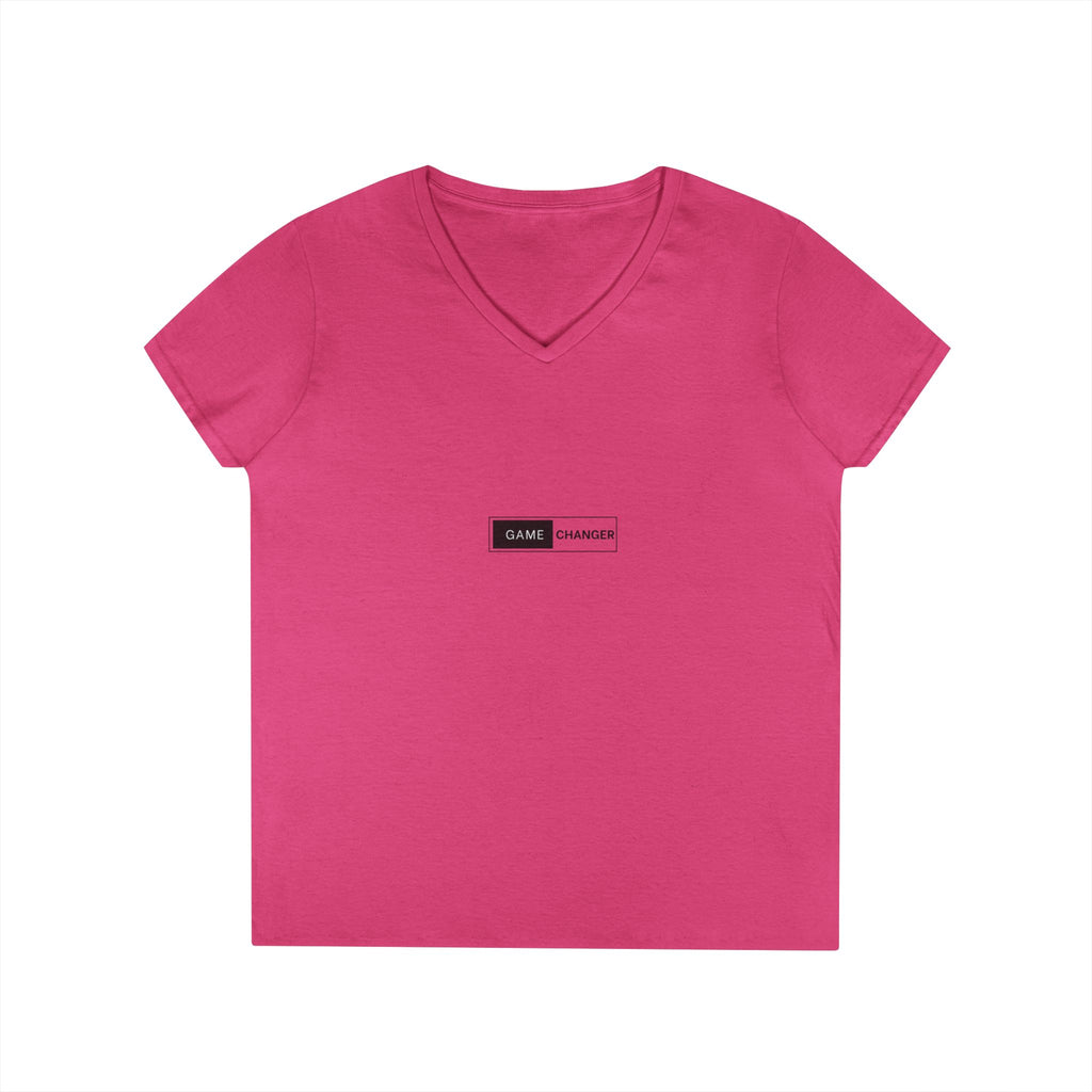 Game Changer Ladies' V-Neck T-Shirt — Minimal Front Logo & Colorful Back Art