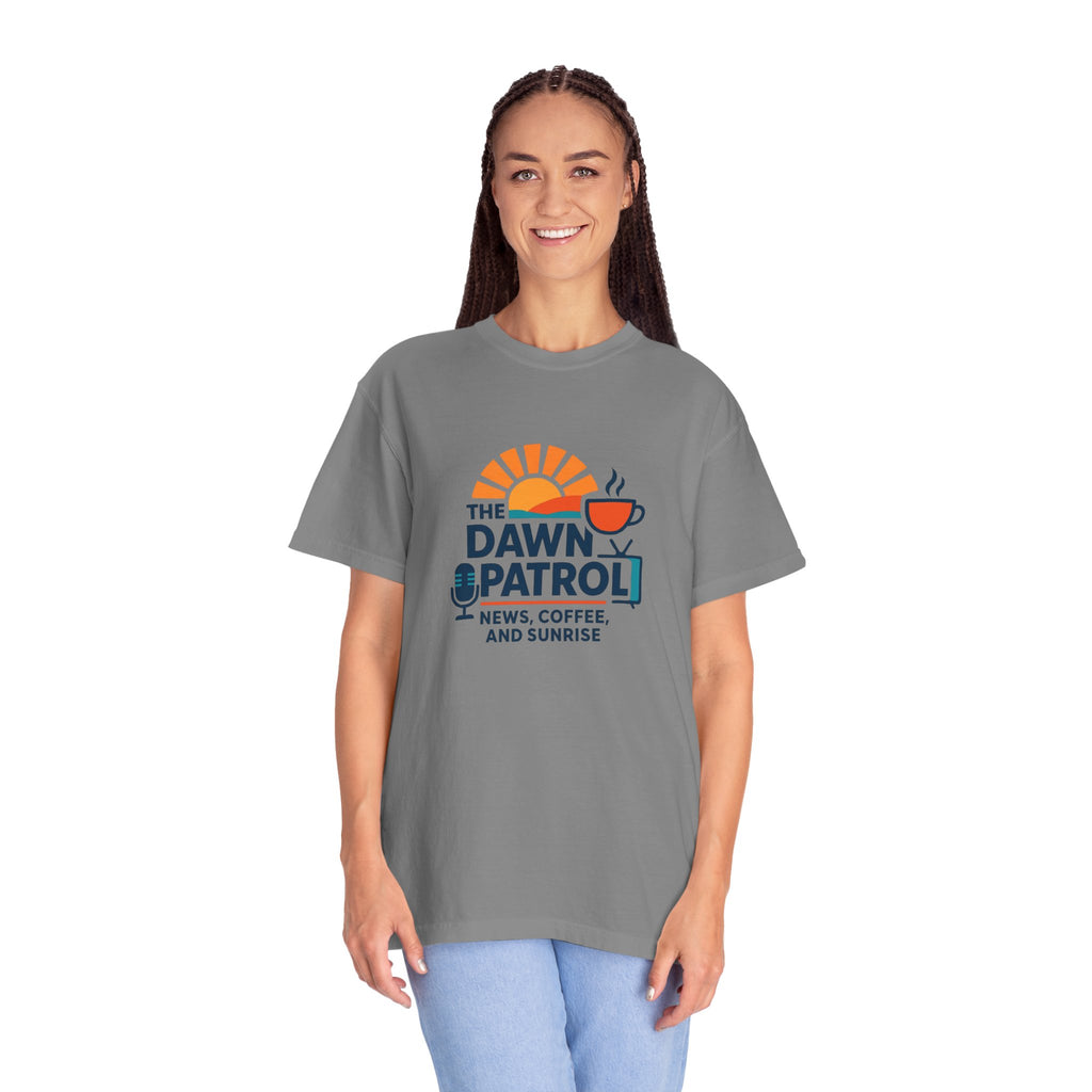 Dawn Patrol T-Shirt — "News, Coffee, and Sunrise" Morning Radio Tee