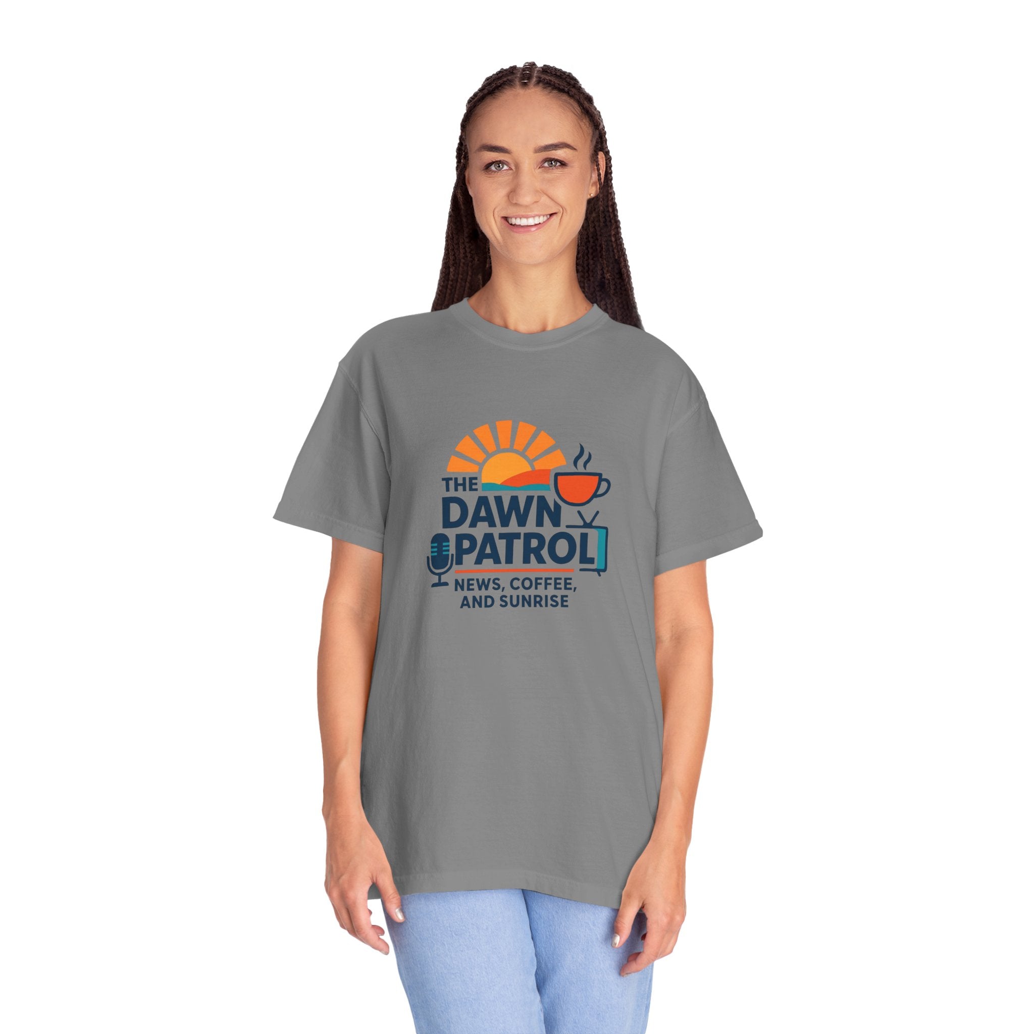 Dawn Patrol T-Shirt — "News, Coffee, and Sunrise" Morning Radio Tee