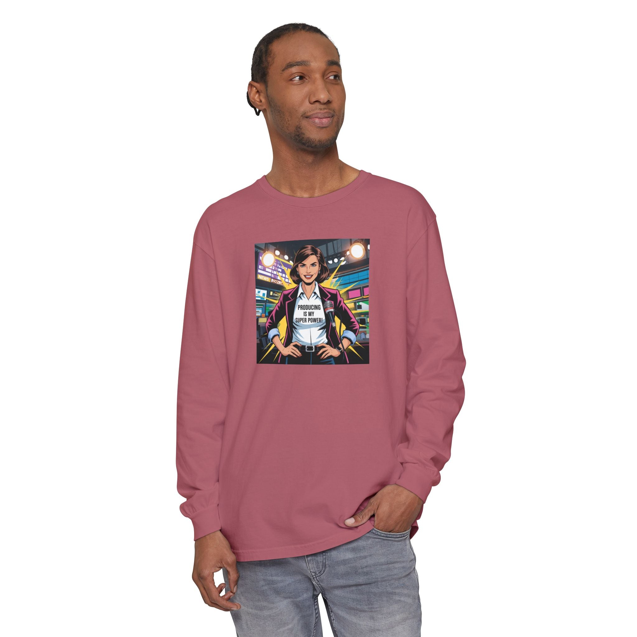 Producing is my super power! Long Sleeve T‑Shirt — Retro Comic Book Girl Graphic (Original Art)