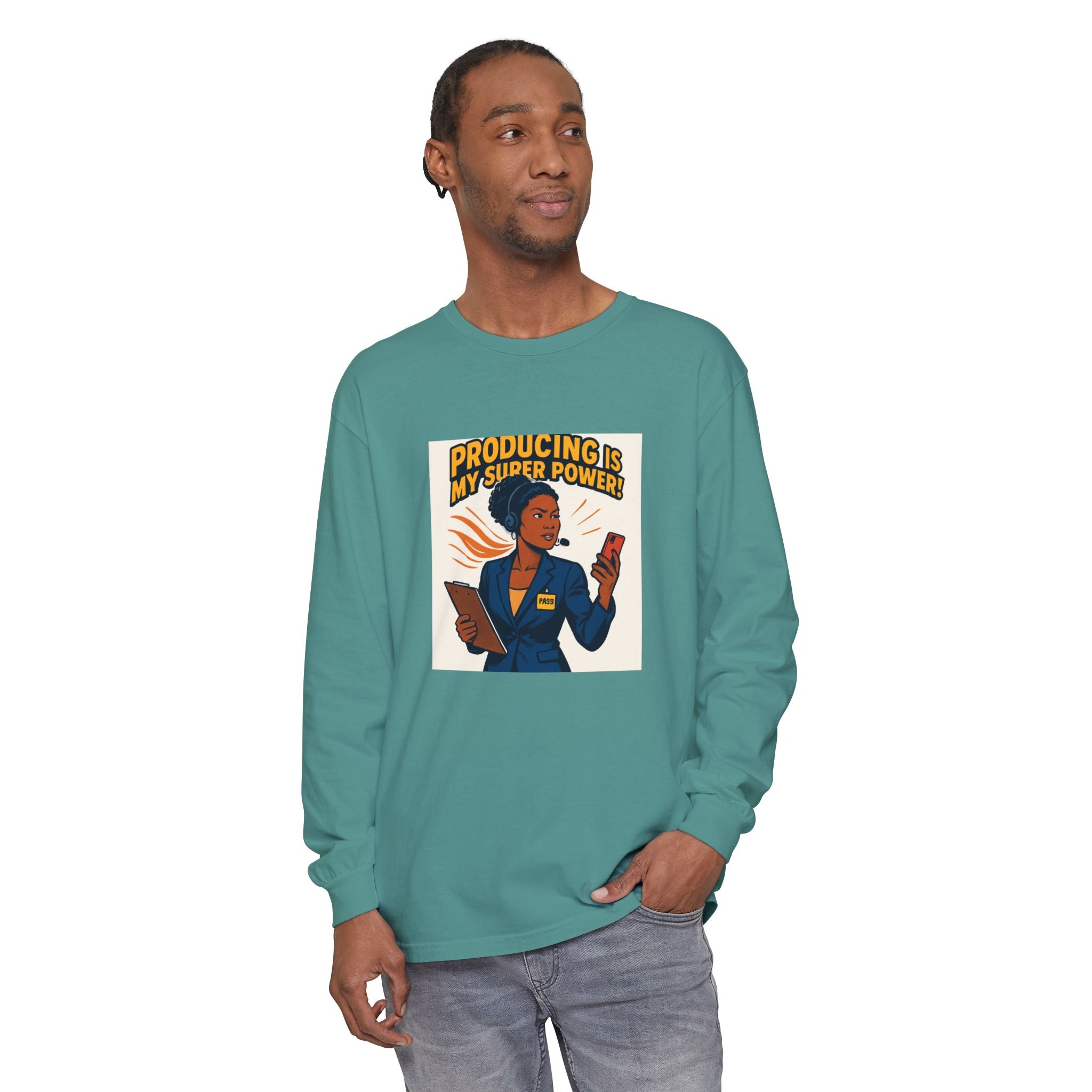 News Producer Power Long Sleeve Tee — "Producing Is My Superpower" Graphic