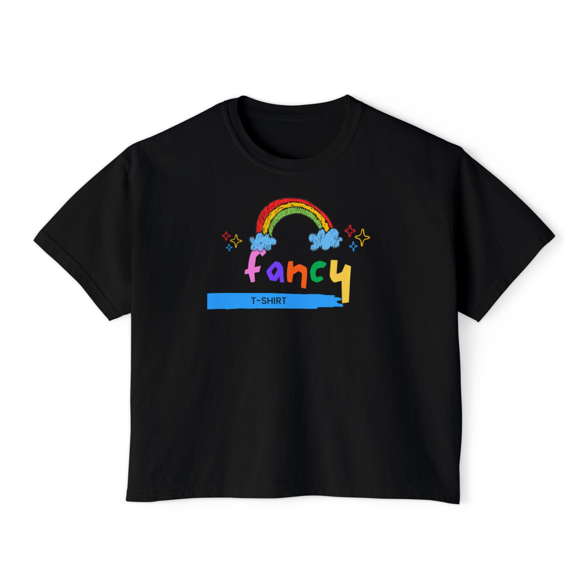 Fancy Rainbow Boxy Tee — Colorful 'Fancy' Graphic Women's Shirt