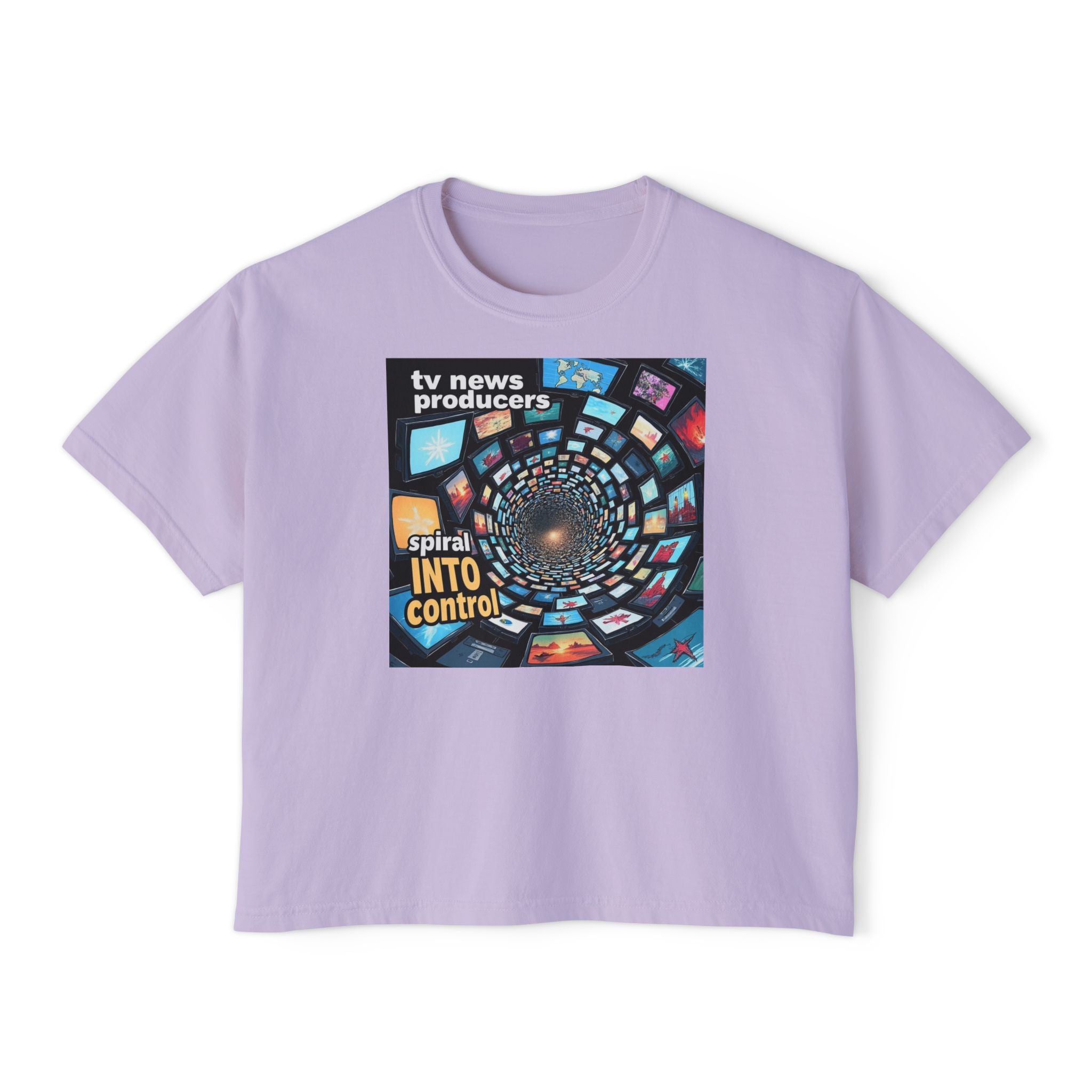"TV News Producers Spiral INTO Control"... Women's Boxy Tee, Trendy Graphic Shirt, Casual Wear, Gift for TV Lovers, Summer Top, Artsy Tee