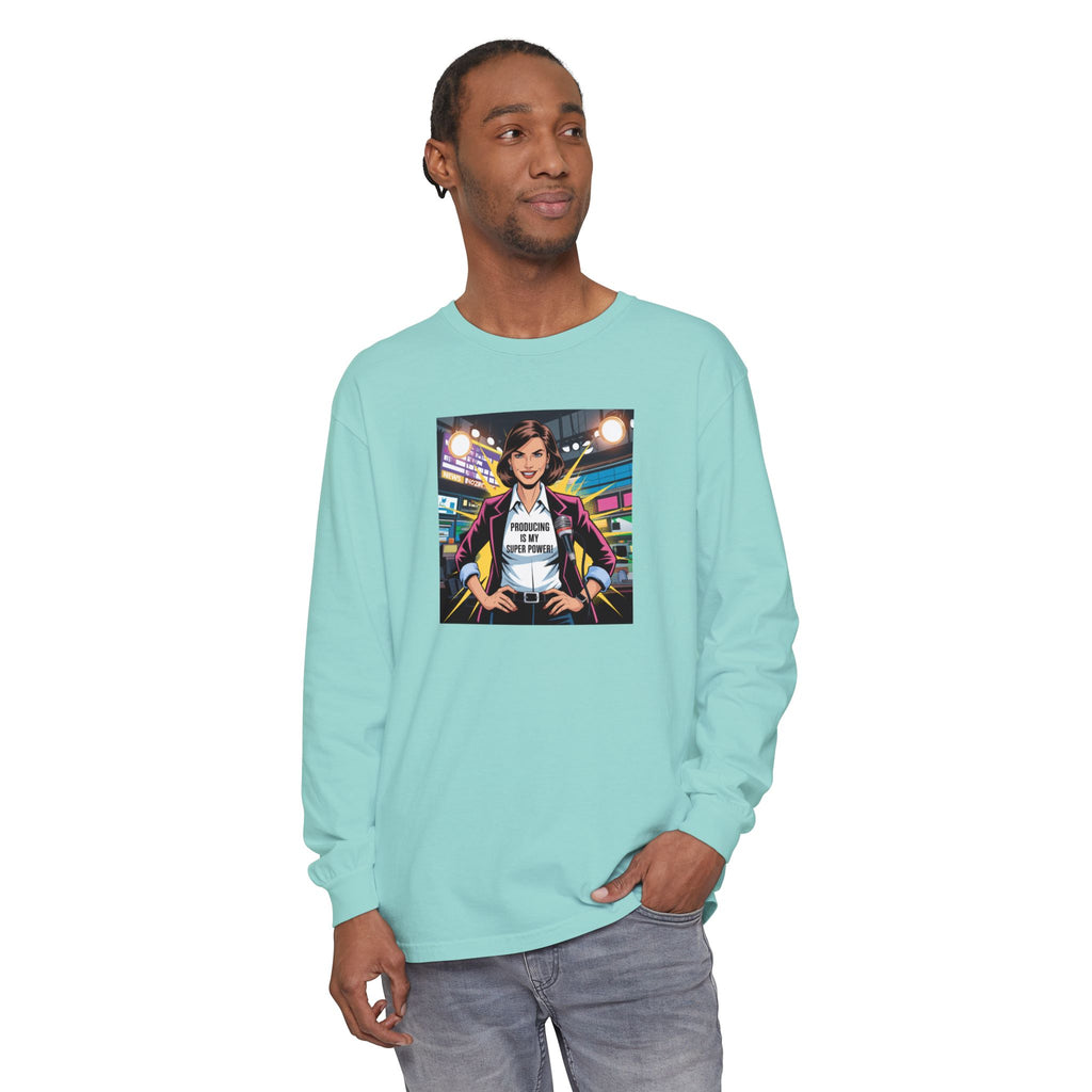 Producing is my super power! Long Sleeve T‑Shirt — Retro Comic Book Girl Graphic (Original Art)
