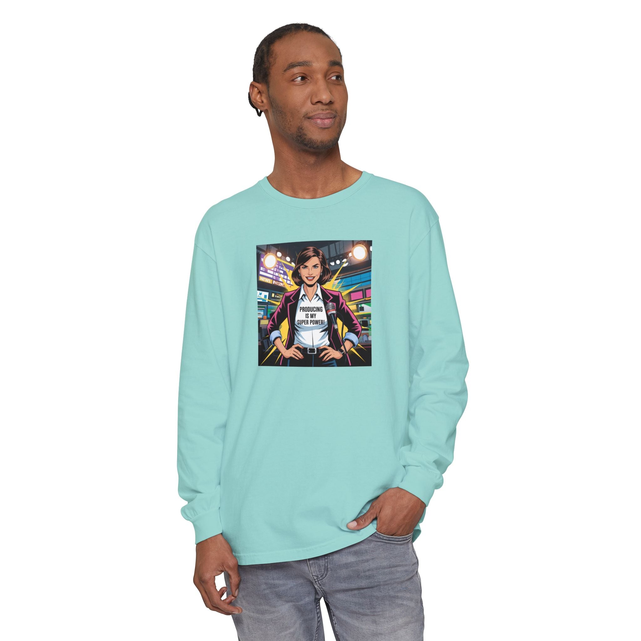 Producing is my super power! Long Sleeve T‑Shirt — Retro Comic Book Girl Graphic (Original Art)