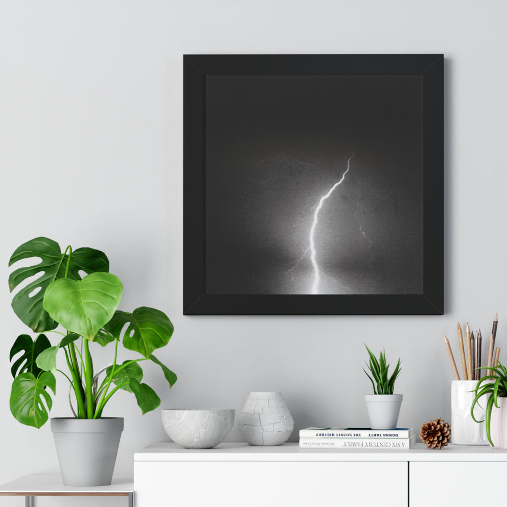 Lightning Strike Framed Poster — Moody Black & White Vertical Wall Art