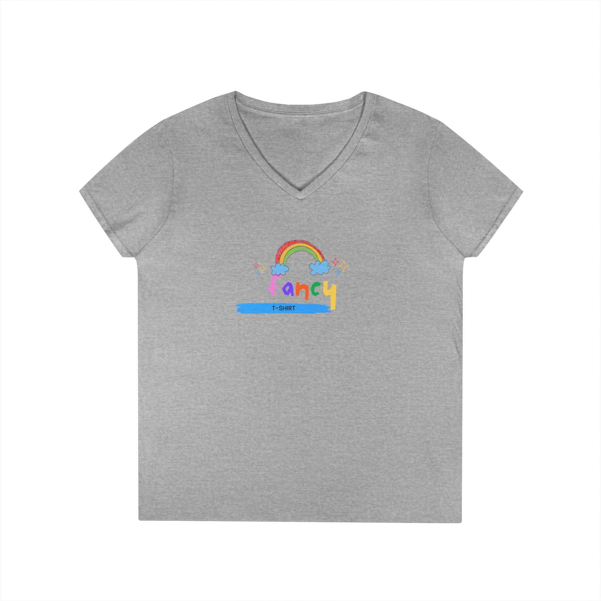 "Fancy" V-Neck Tee — 'Fancy' Cute Rainbow Graphic