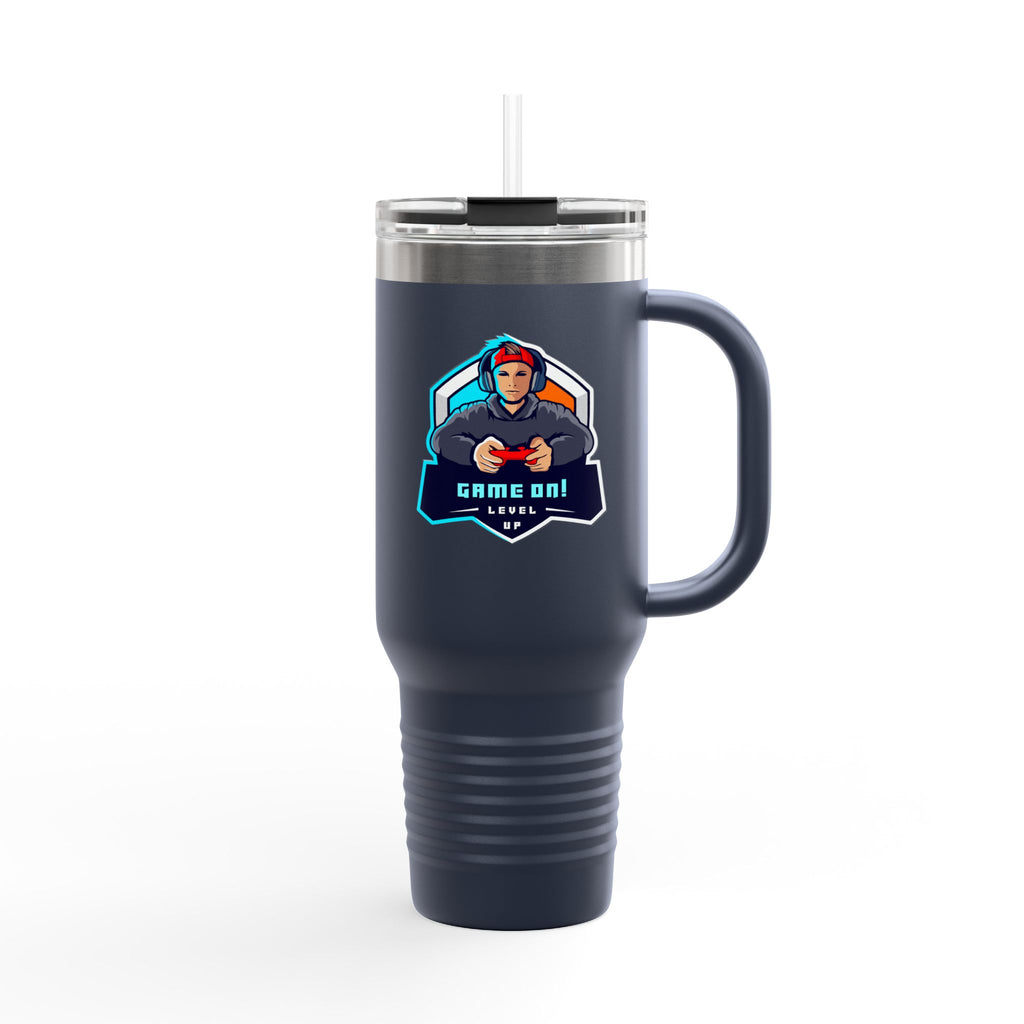 40oz Insulated Travel Mug — Gamer "Game On" Graphic, Thermal Tumbler for Gamers & Streamers