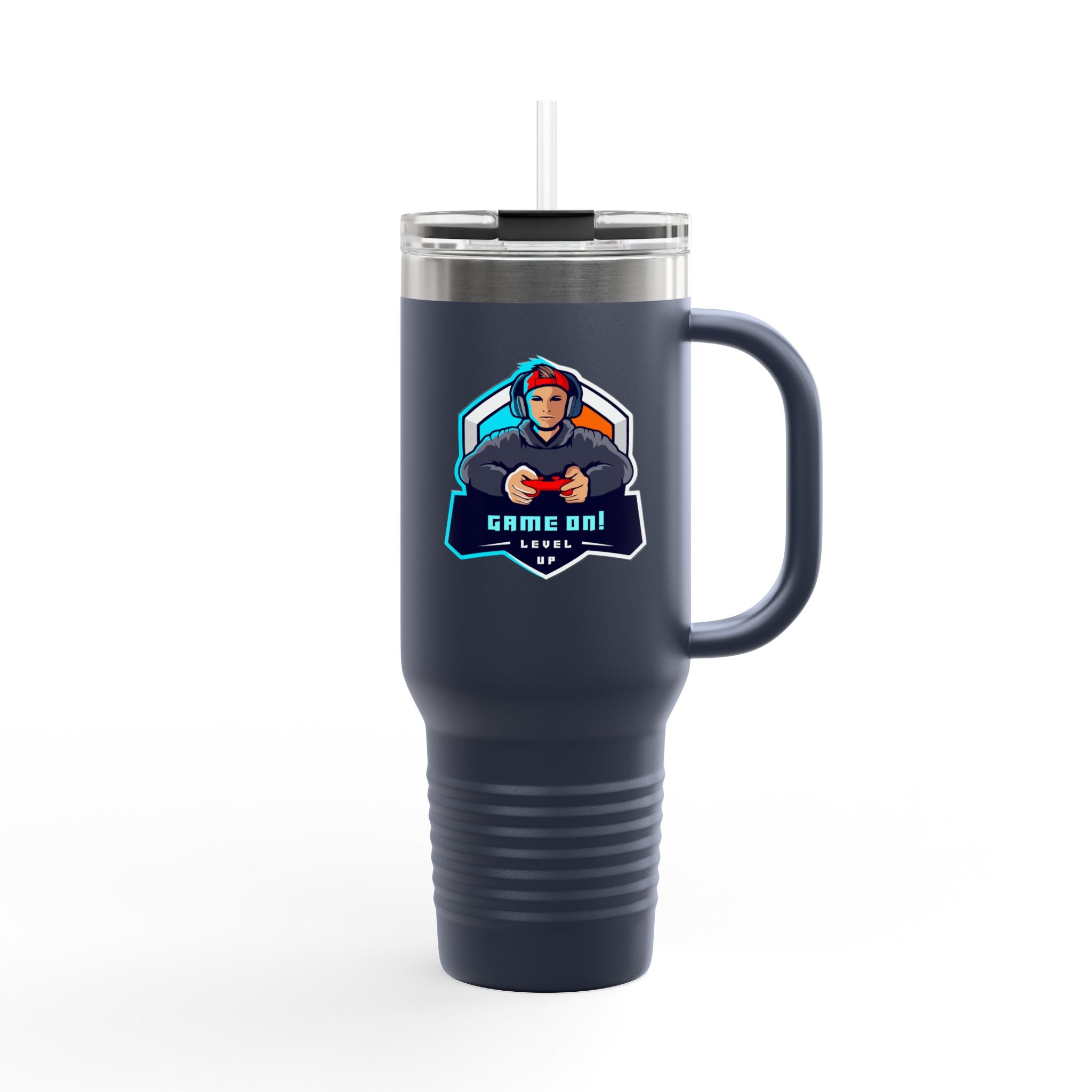 40oz Insulated Travel Mug — Gamer "Game On" Graphic, Thermal Tumbler for Gamers & Streamers