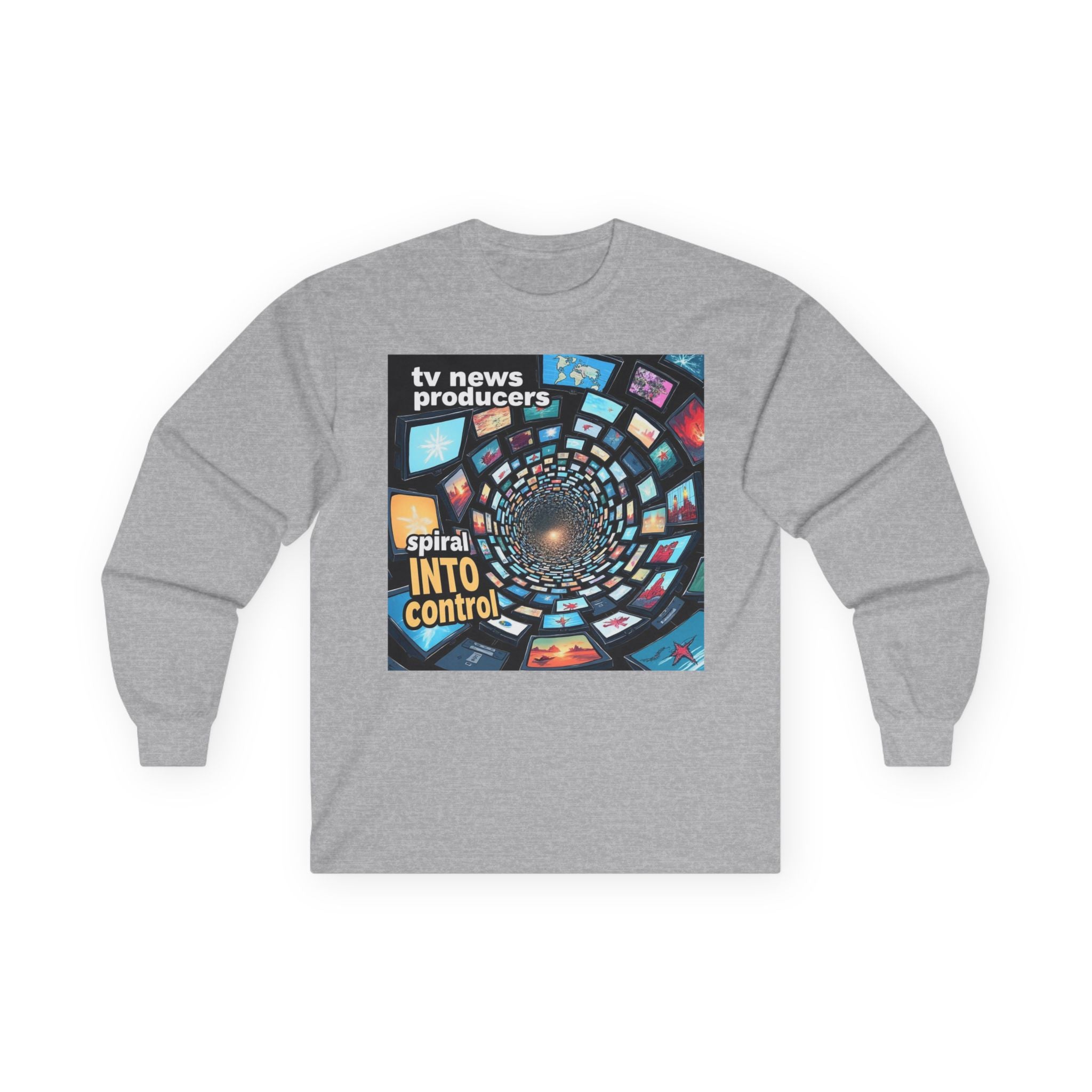 TV News Producers Spiral Into Control! Long Sleeve Tee, Unisex Graphic Tee, Gift for TV Lovers, Unique Media Shirt, Trendy Streetwear, Casual Everyday Wear