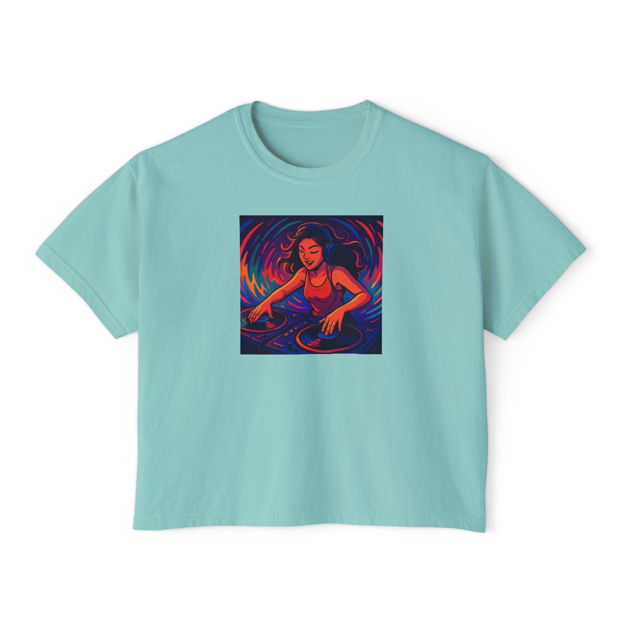 Vibrant Female DJ Painting Graphic Tee | Original Art Back Print