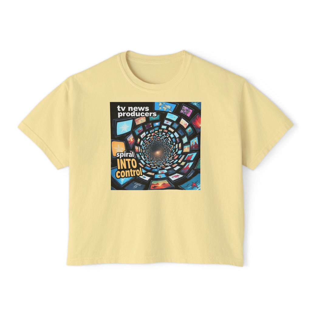 "TV News Producers Spiral INTO Control"... Women's Boxy Tee, Trendy Graphic Shirt, Casual Wear, Gift for TV Lovers, Summer Top, Artsy Tee