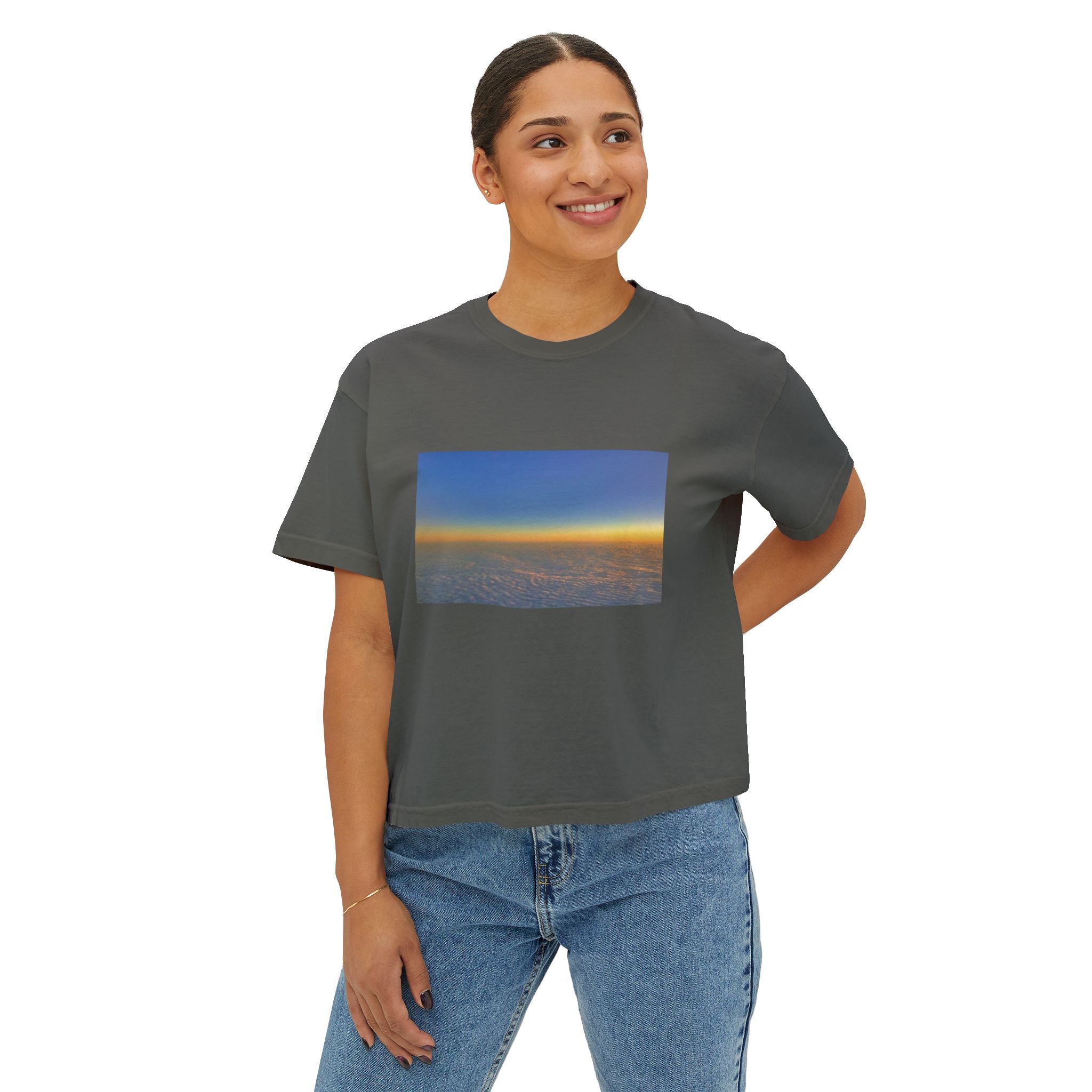 Sunset Horizon Boxy Tee — Women's Crop Graphic Tee