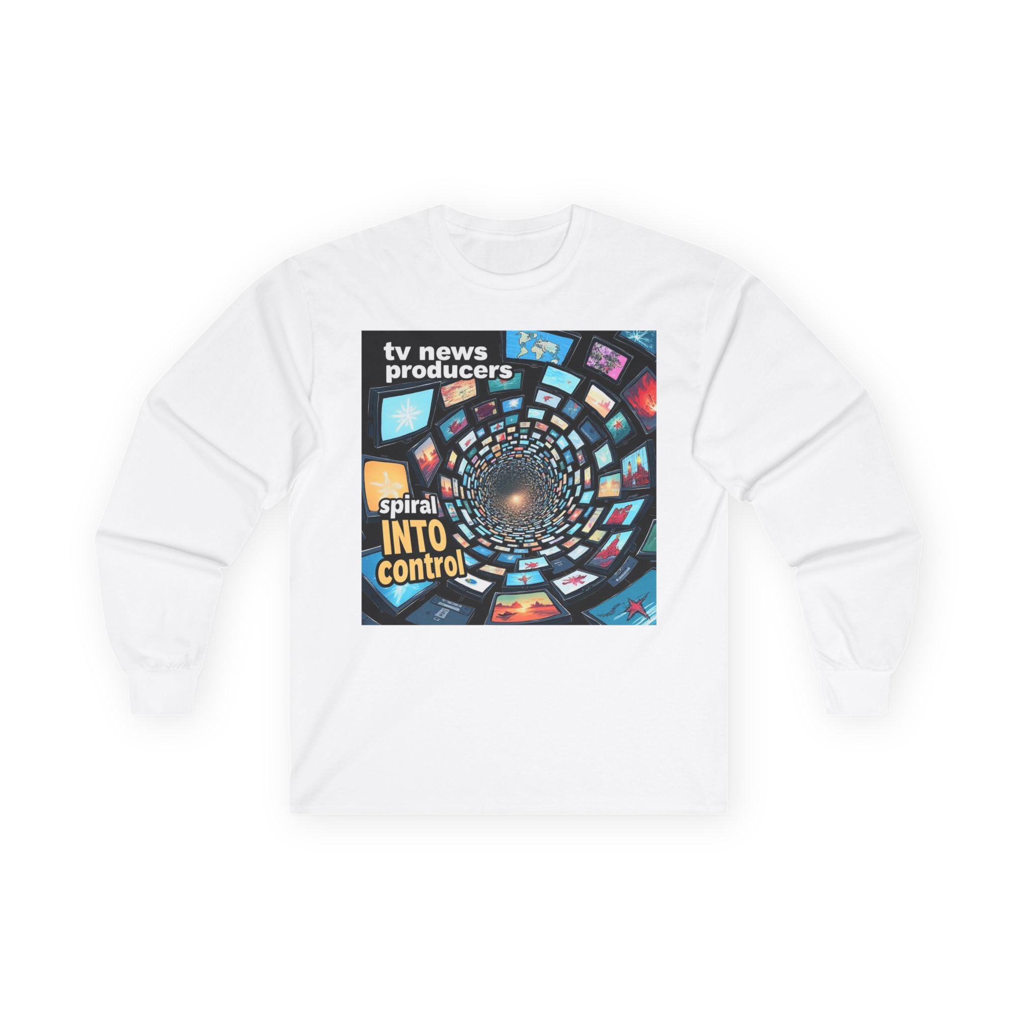 TV News Producers Spiral Into Control! Long Sleeve Tee, Unisex Graphic Tee, Gift for TV Lovers, Unique Media Shirt, Trendy Streetwear, Casual Everyday Wear