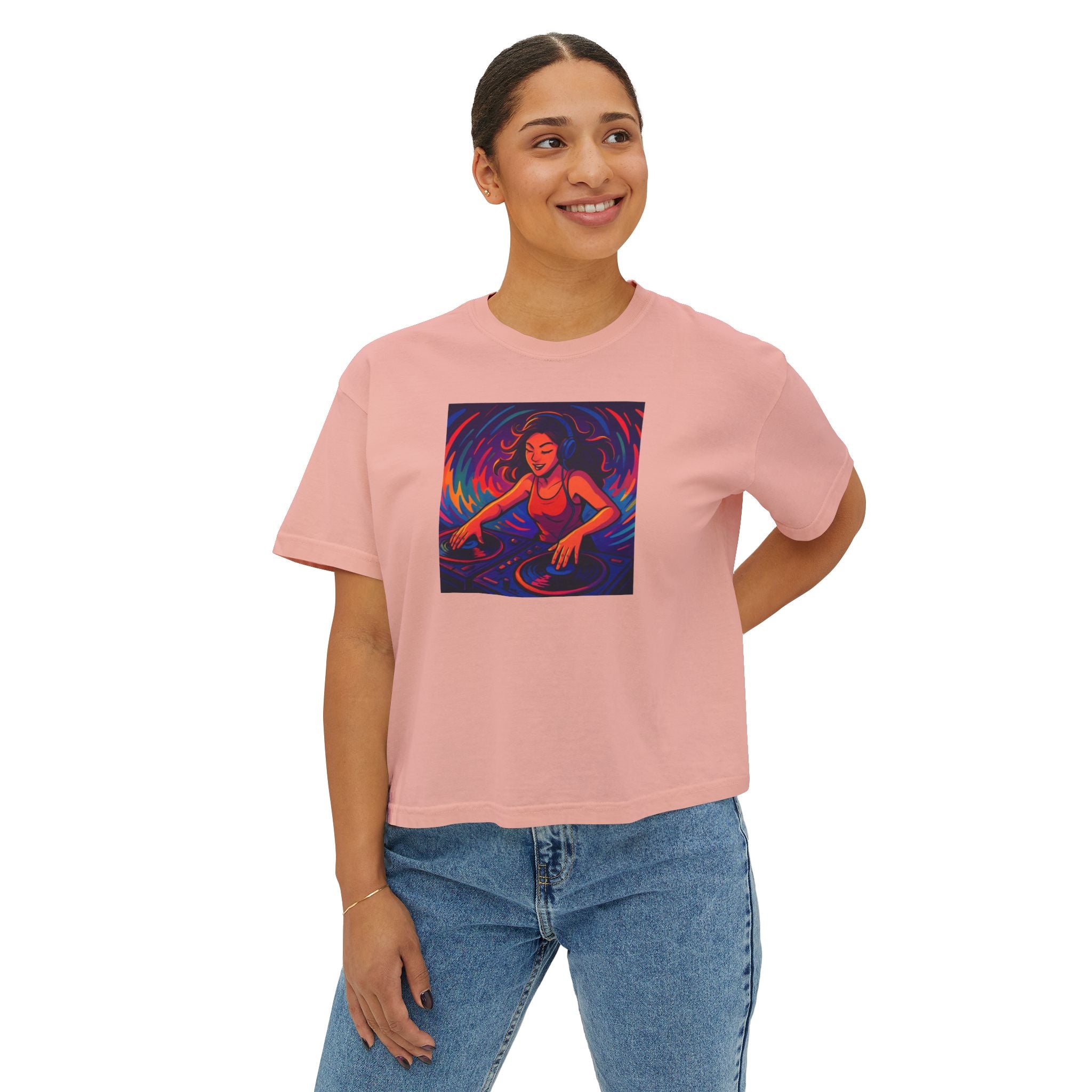 Vibrant Female DJ Painting Graphic Tee | Original Art Back Print