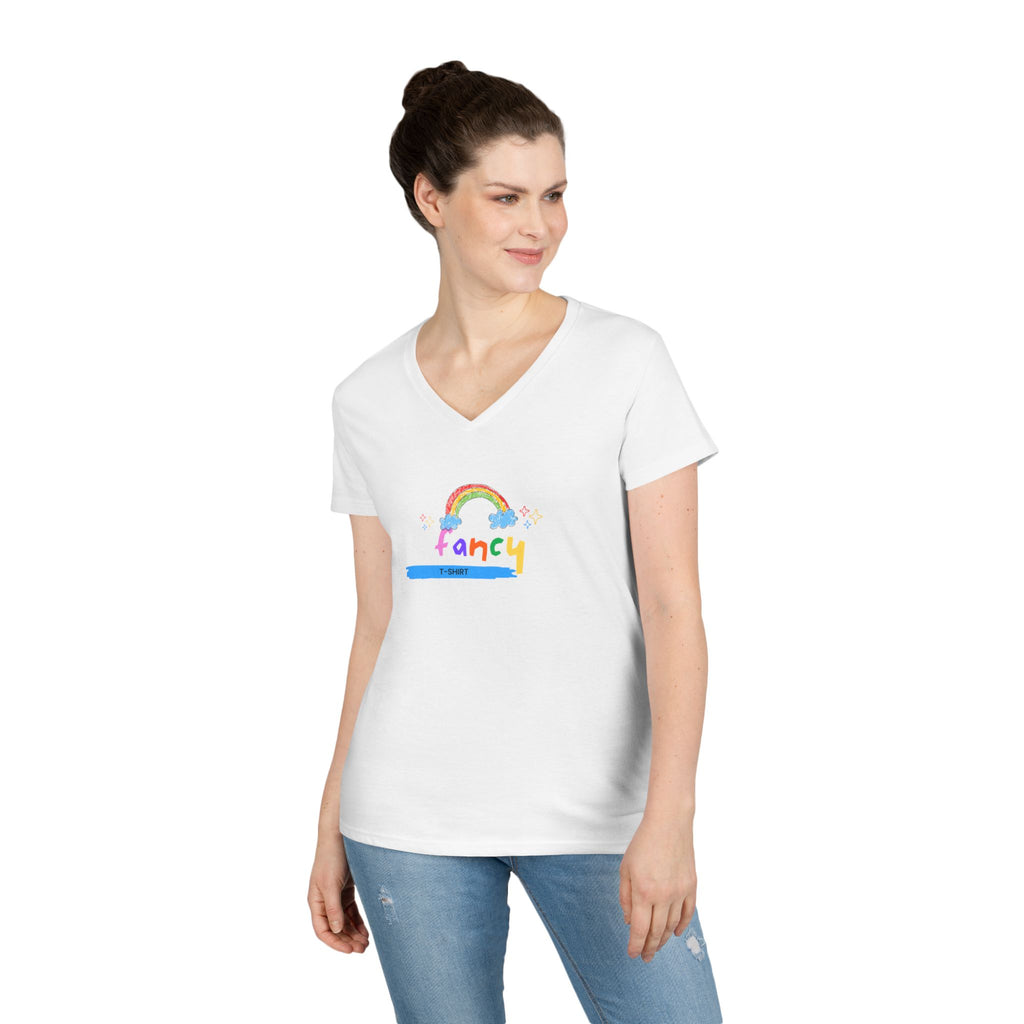 "Fancy" V-Neck Tee — 'Fancy' Cute Rainbow Graphic
