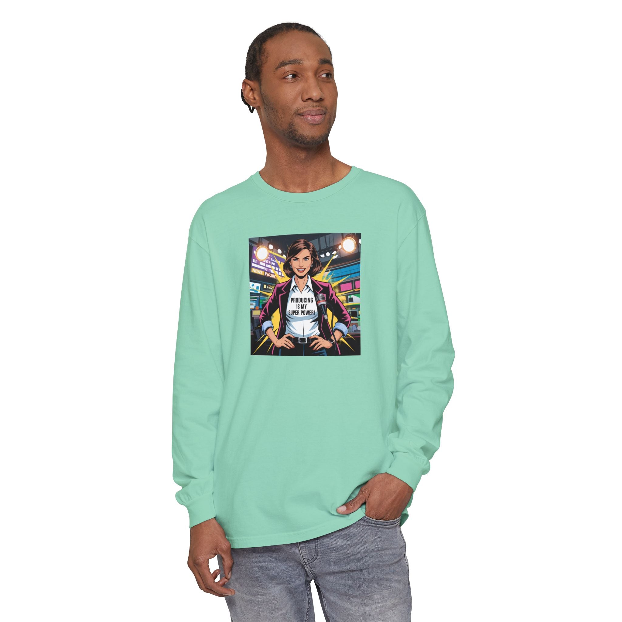 Producing is my super power! Long Sleeve T‑Shirt — Retro Comic Book Girl Graphic (Original Art)
