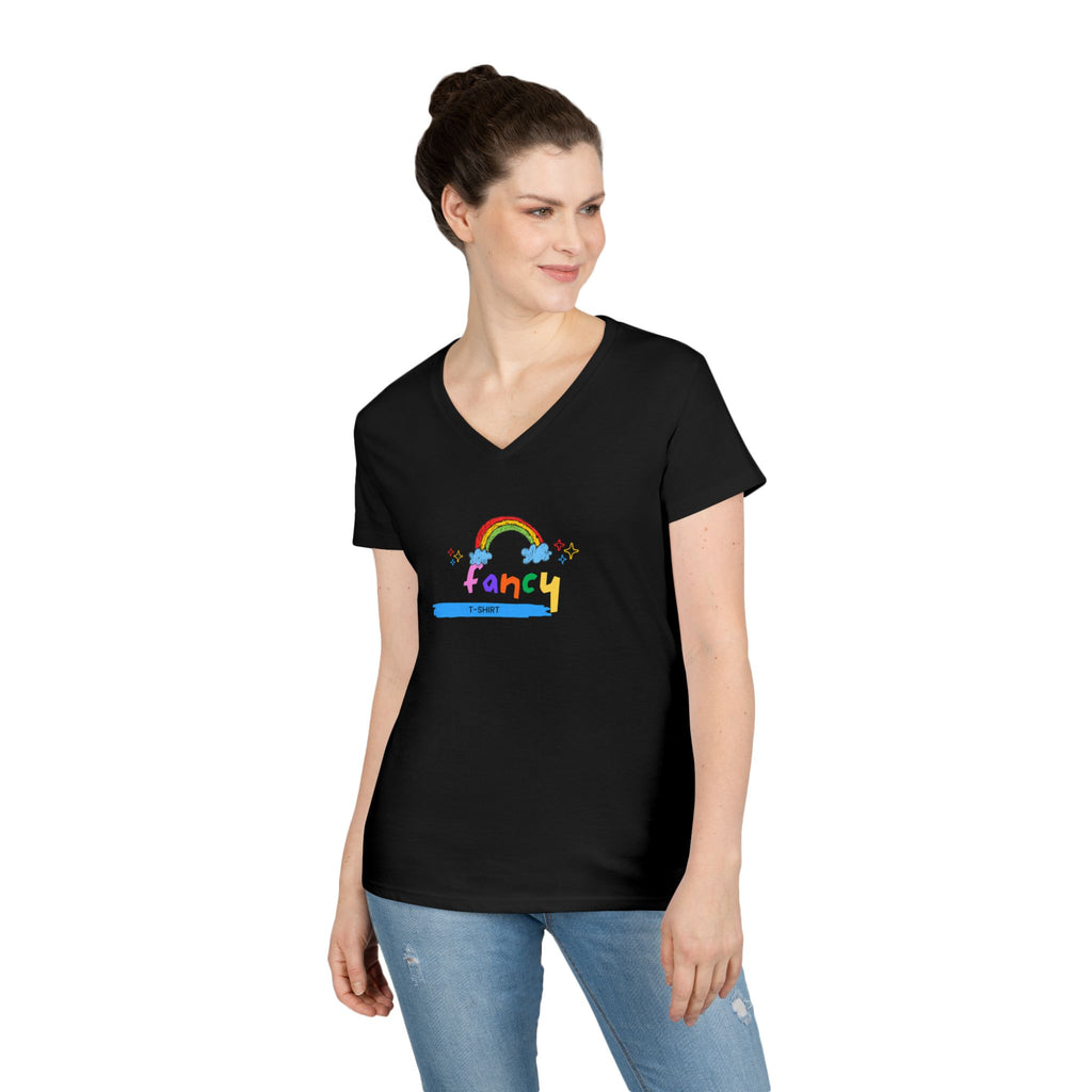 "Fancy" V-Neck Tee — 'Fancy' Cute Rainbow Graphic
