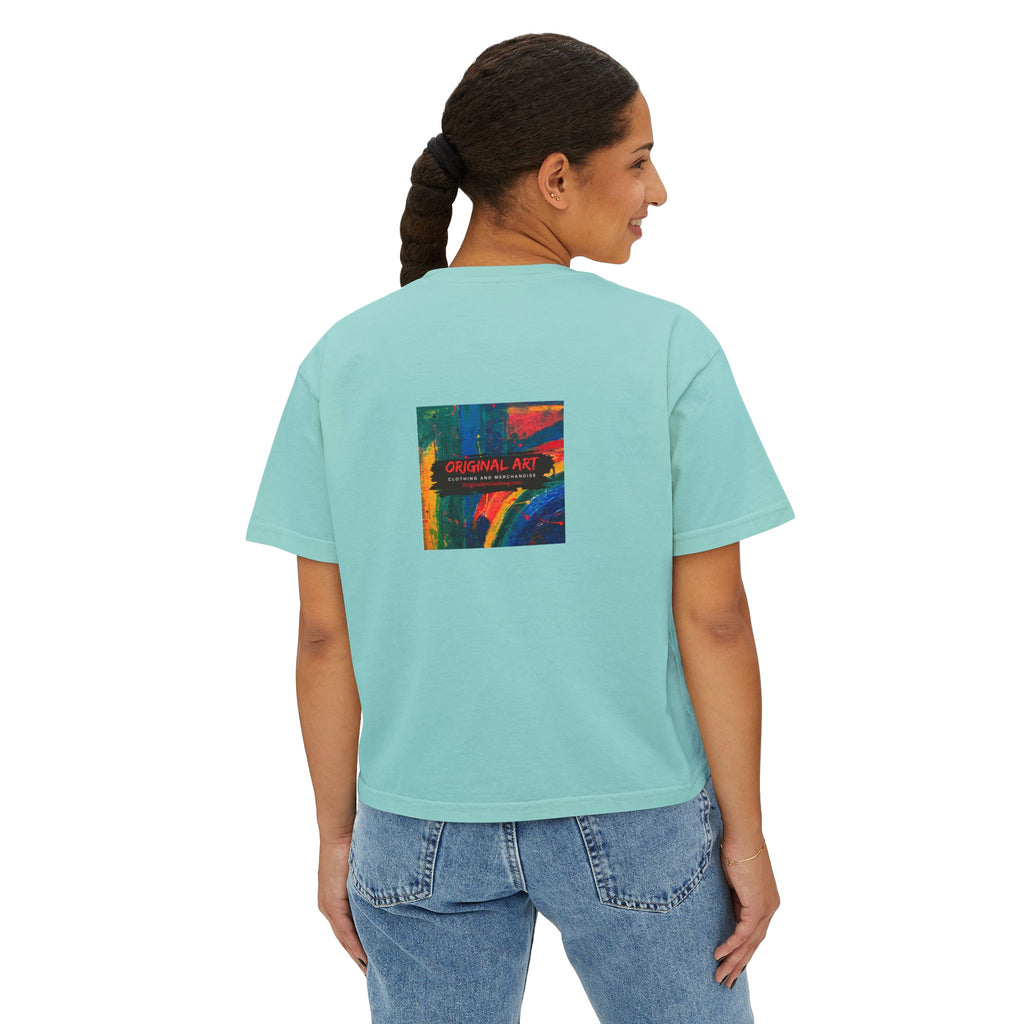 Teacher Boxy Tee — "I teach. It’s a work of heart." Minimal Front Text with Colorful Back Art