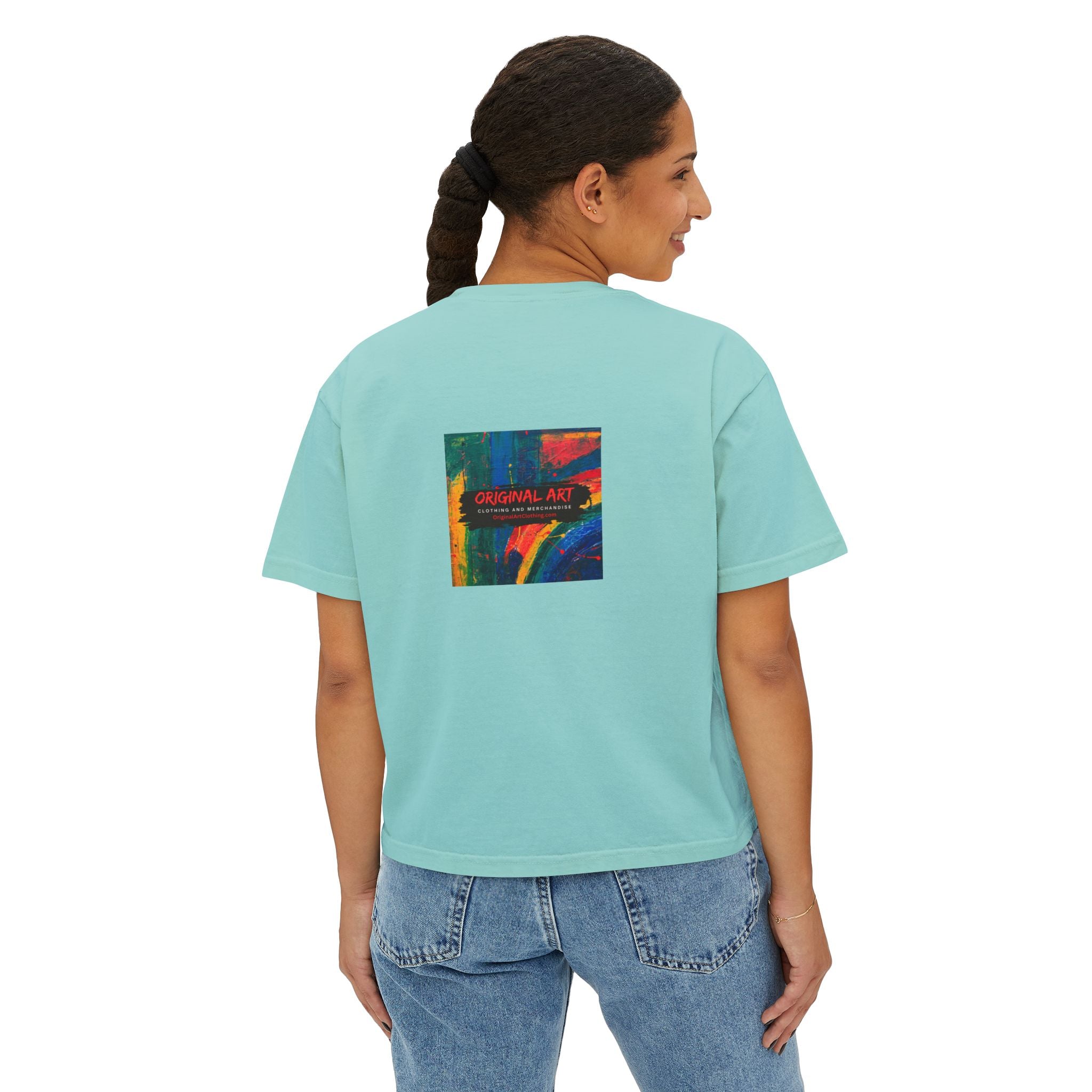 Teacher Boxy Tee — "I teach. It’s a work of heart." Minimal Front Text with Colorful Back Art