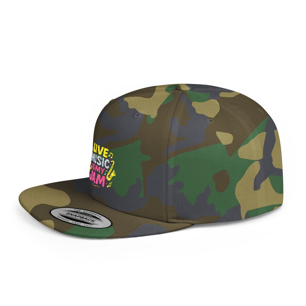 Snapback Hat — "Live Music Is My Jam" Graphic Flat Bill Cap