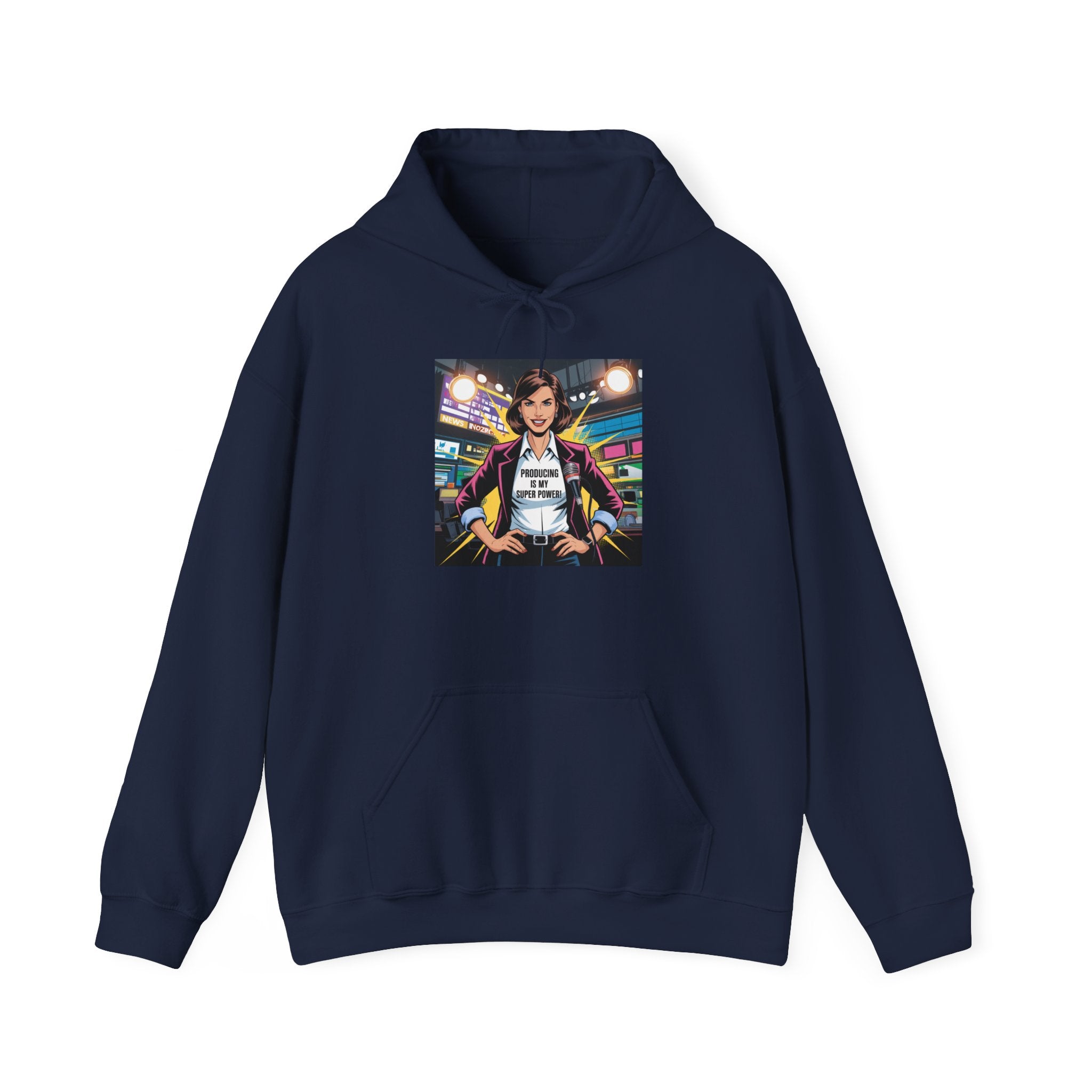 "Producing is My Super Power!" Retro Arcade Girl Graphic Hoodie — "Original Art" Back Print