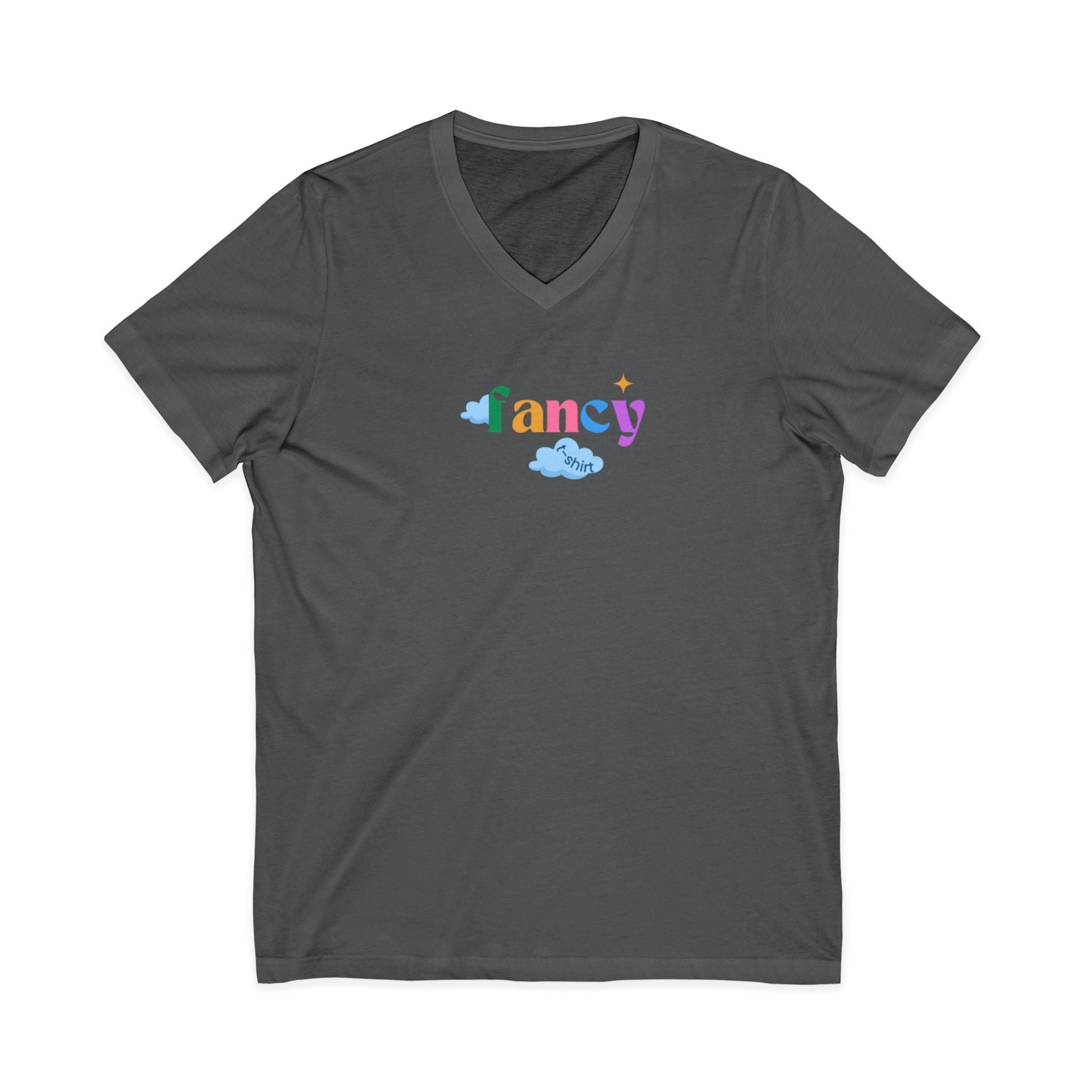 'Fancy" Colorful V-Neck Tee — 'Fancy' Front Script & Original Art Back