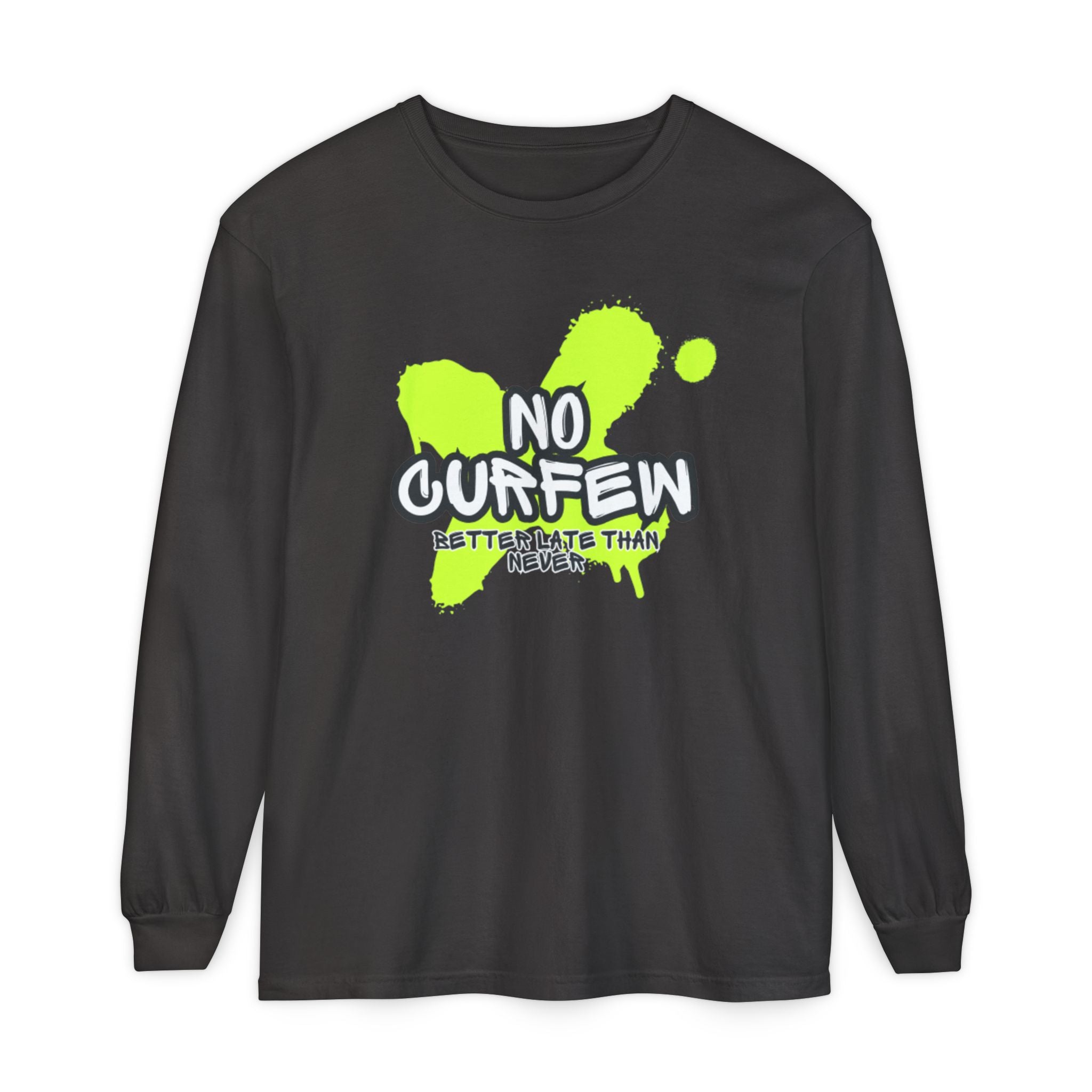 Unisex Long Sleeve Graphic Tee - Fun 'No Curfew' Design for Casual Wear, Gifts, Parties, Festivals, Youth Style