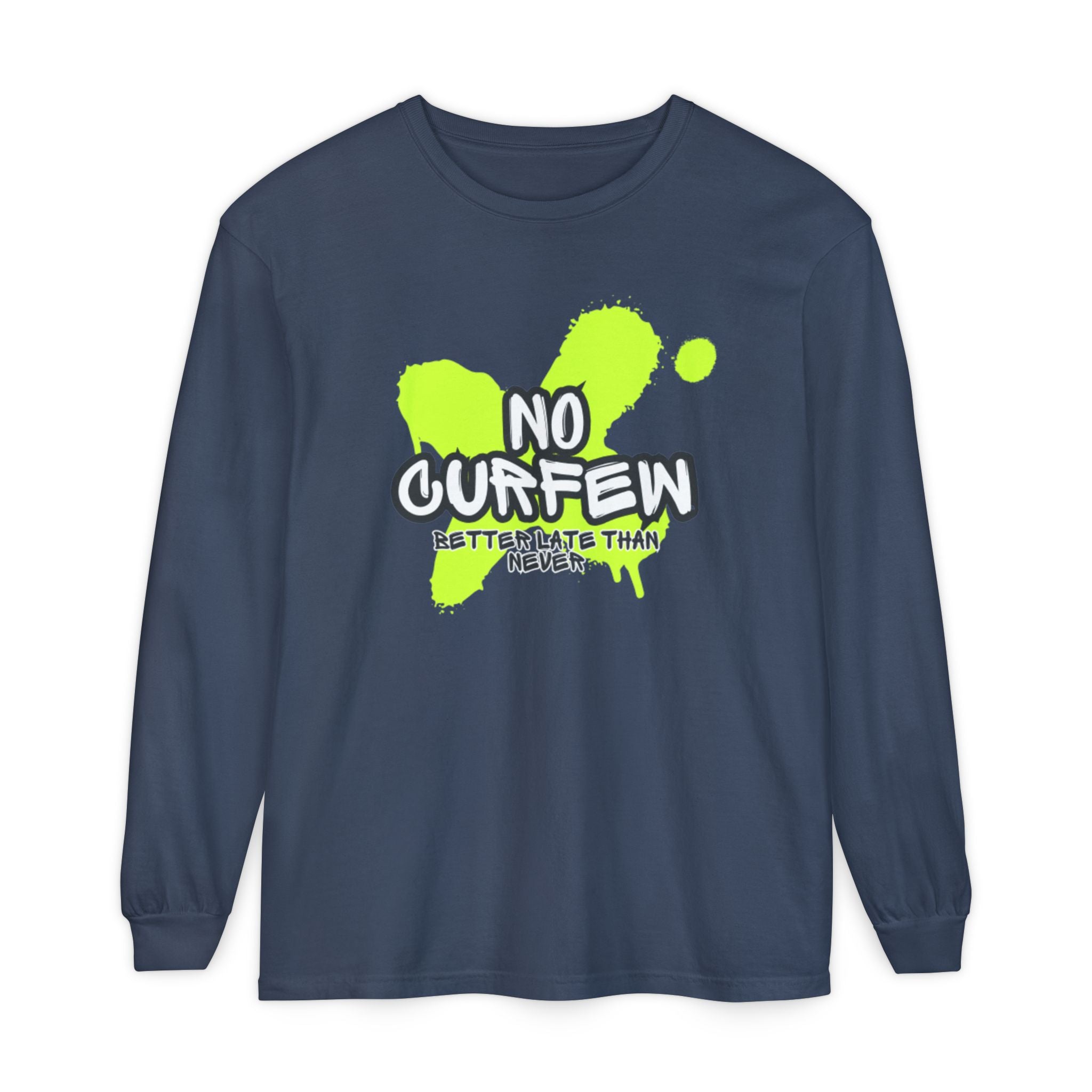 Unisex Long Sleeve Graphic Tee - Fun 'No Curfew' Design for Casual Wear, Gifts, Parties, Festivals, Youth Style