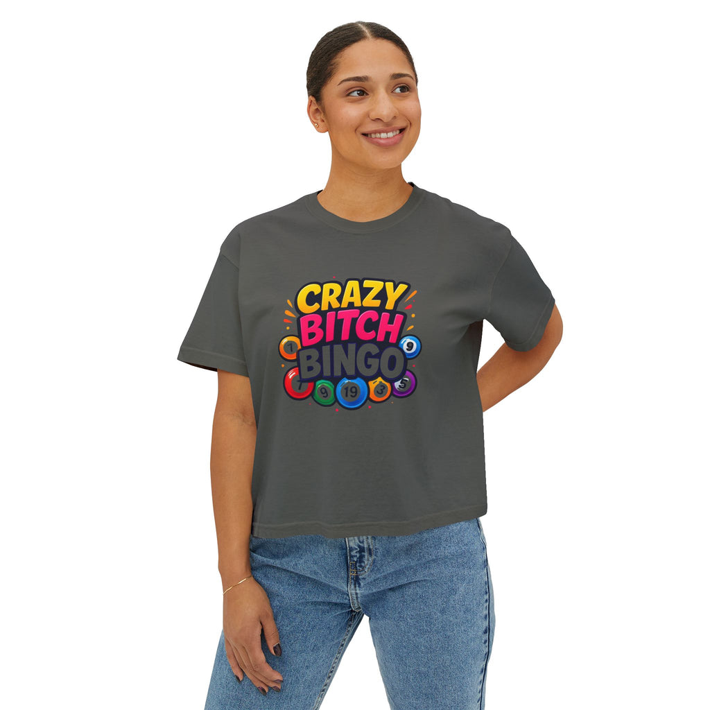 Crazy Bitch Bingo Women's Boxy Tee — Funny Bingo Graphic Crop Shirt
