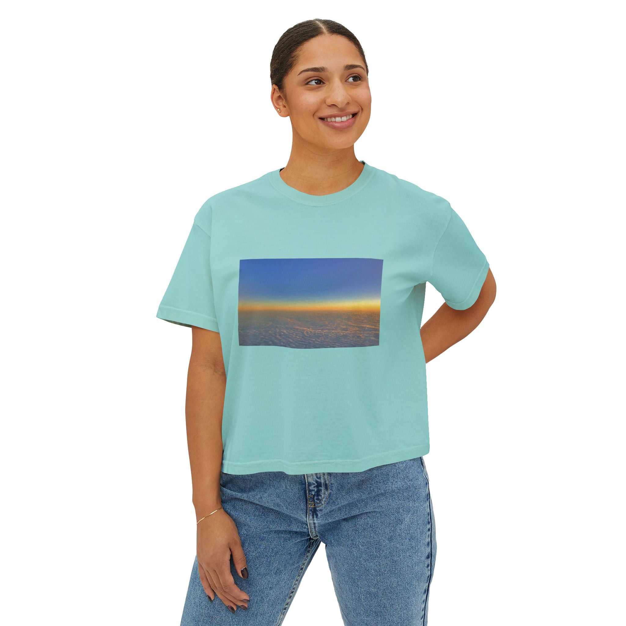 Sunset Horizon Boxy Tee — Women's Crop Graphic Tee