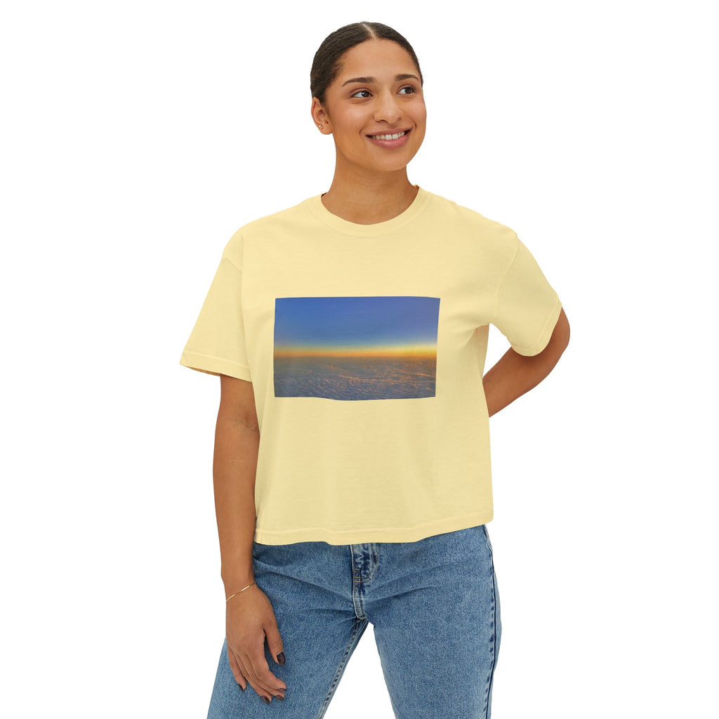 Sunset Horizon Boxy Tee — Women's Crop Graphic Tee