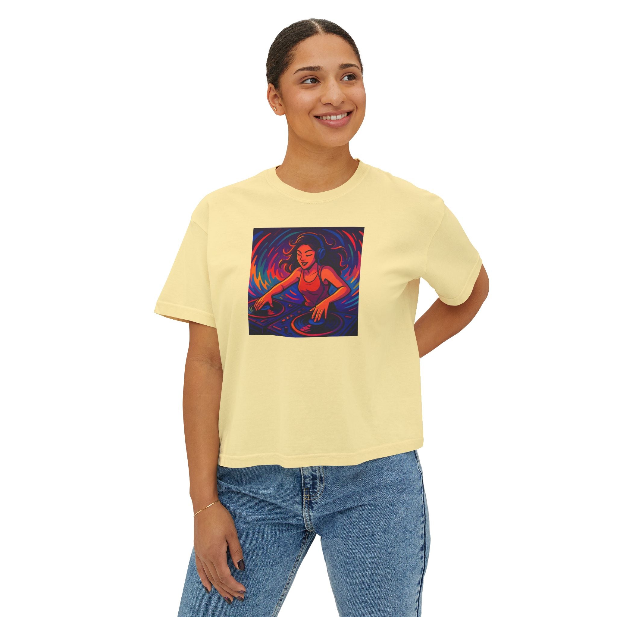 Vibrant Female DJ Painting Graphic Tee | Original Art Back Print
