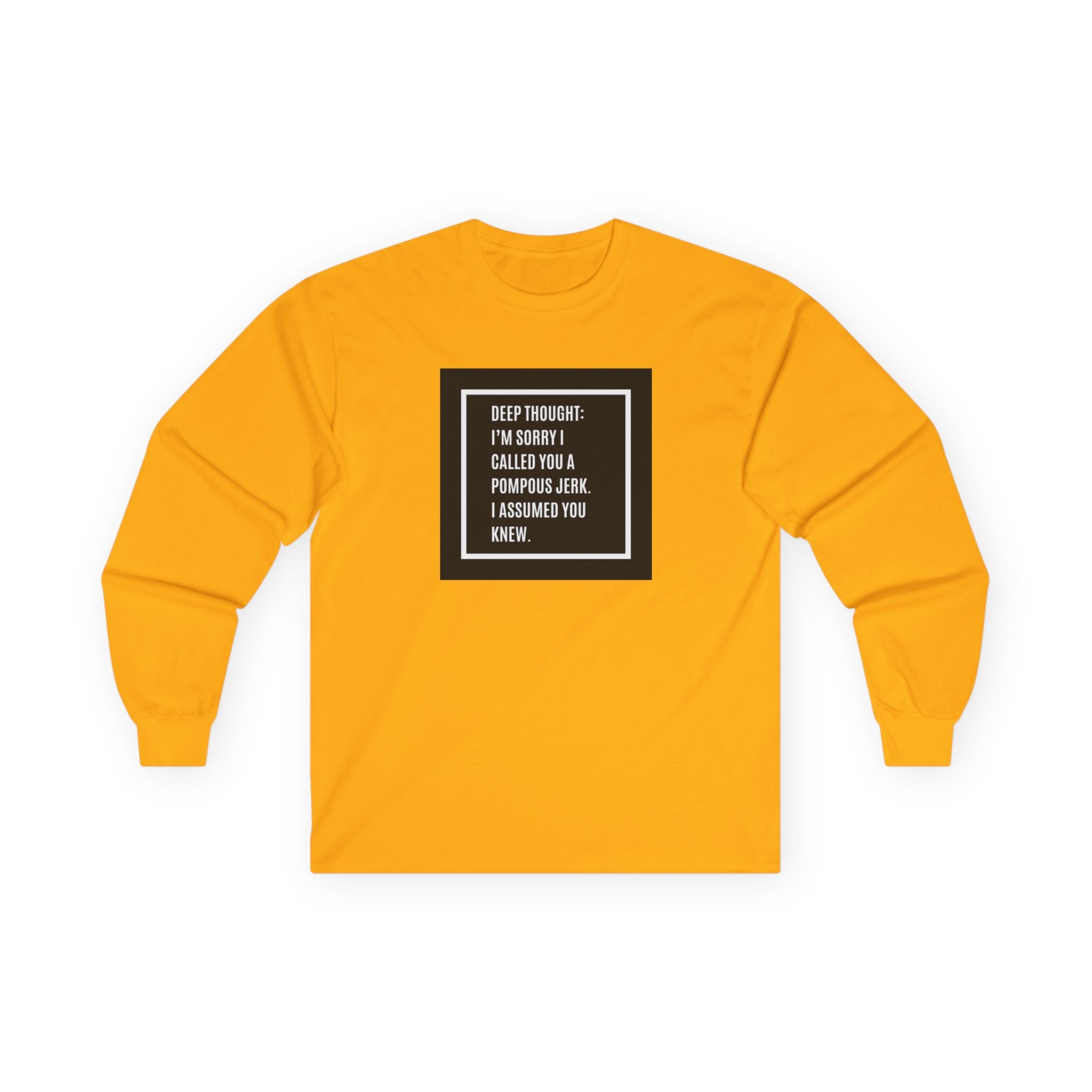 Long Sleeve Tee — "Deep Thought: I’m Sorry I Called You a Pompous Jerk" Minimal Square Graphic