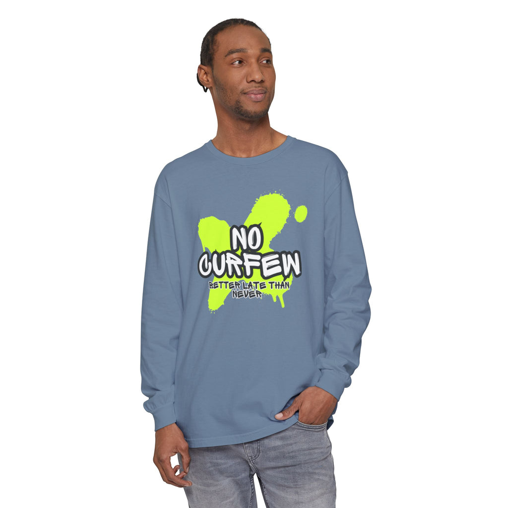 Unisex Long Sleeve Graphic Tee - Fun 'No Curfew' Design for Casual Wear, Gifts, Parties, Festivals, Youth Style