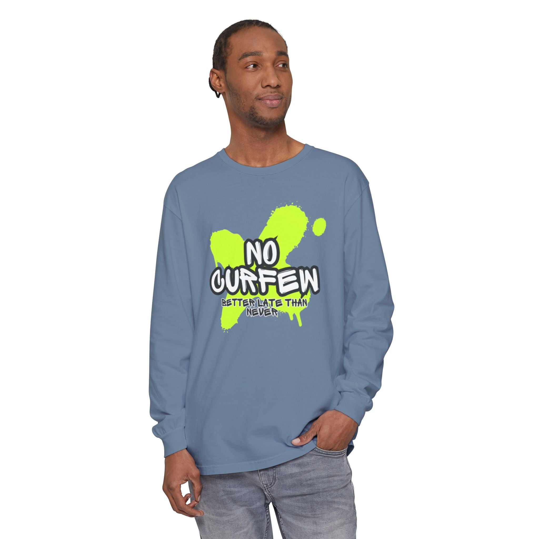 Unisex Long Sleeve Graphic Tee - Fun 'No Curfew' Design for Casual Wear, Gifts, Parties, Festivals, Youth Style