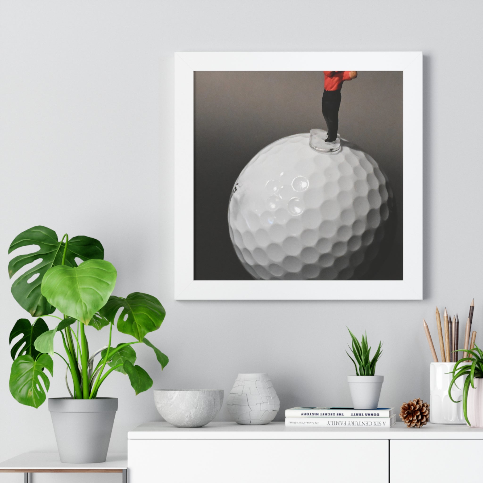 Golf Swing Framed Poster — Miniature Golfer on Giant Golf Ball (Vertical)