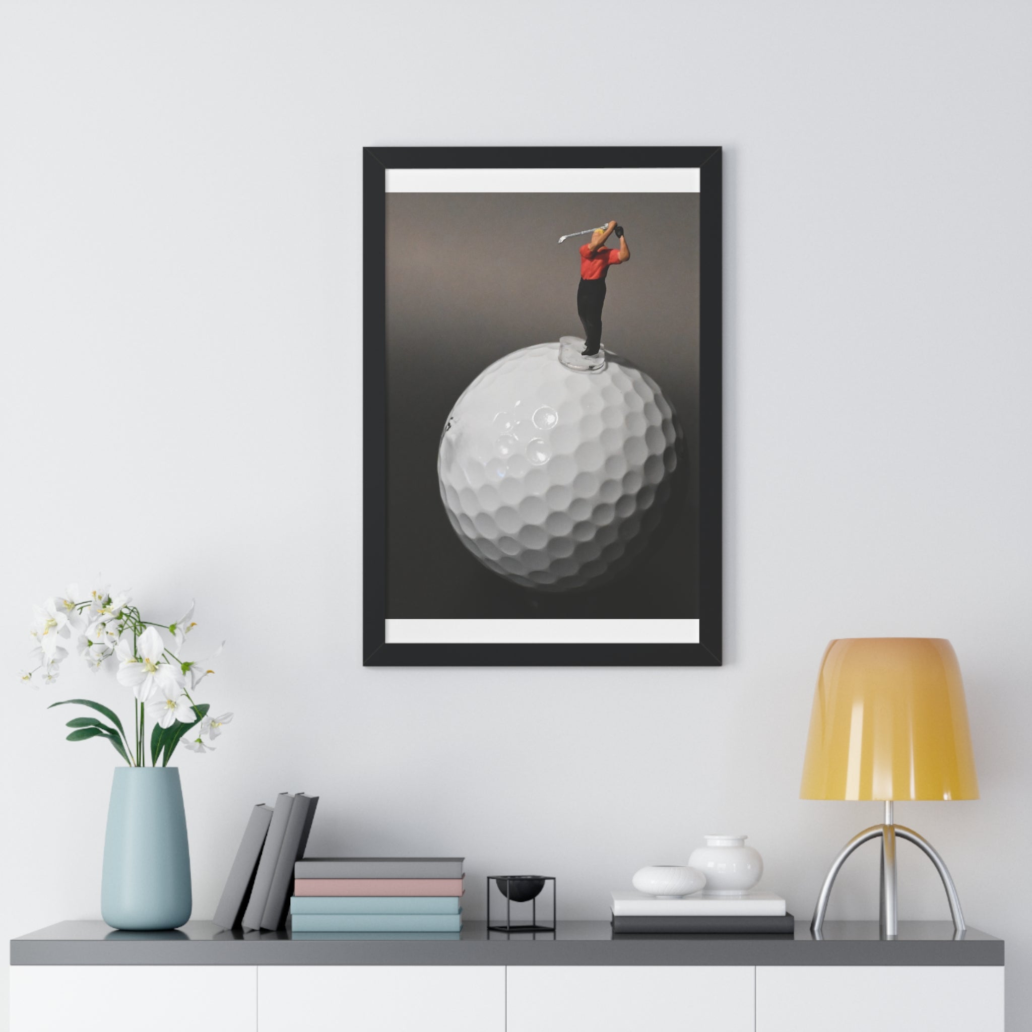 Golf Swing Framed Poster — Miniature Golfer on Giant Golf Ball (Vertical)