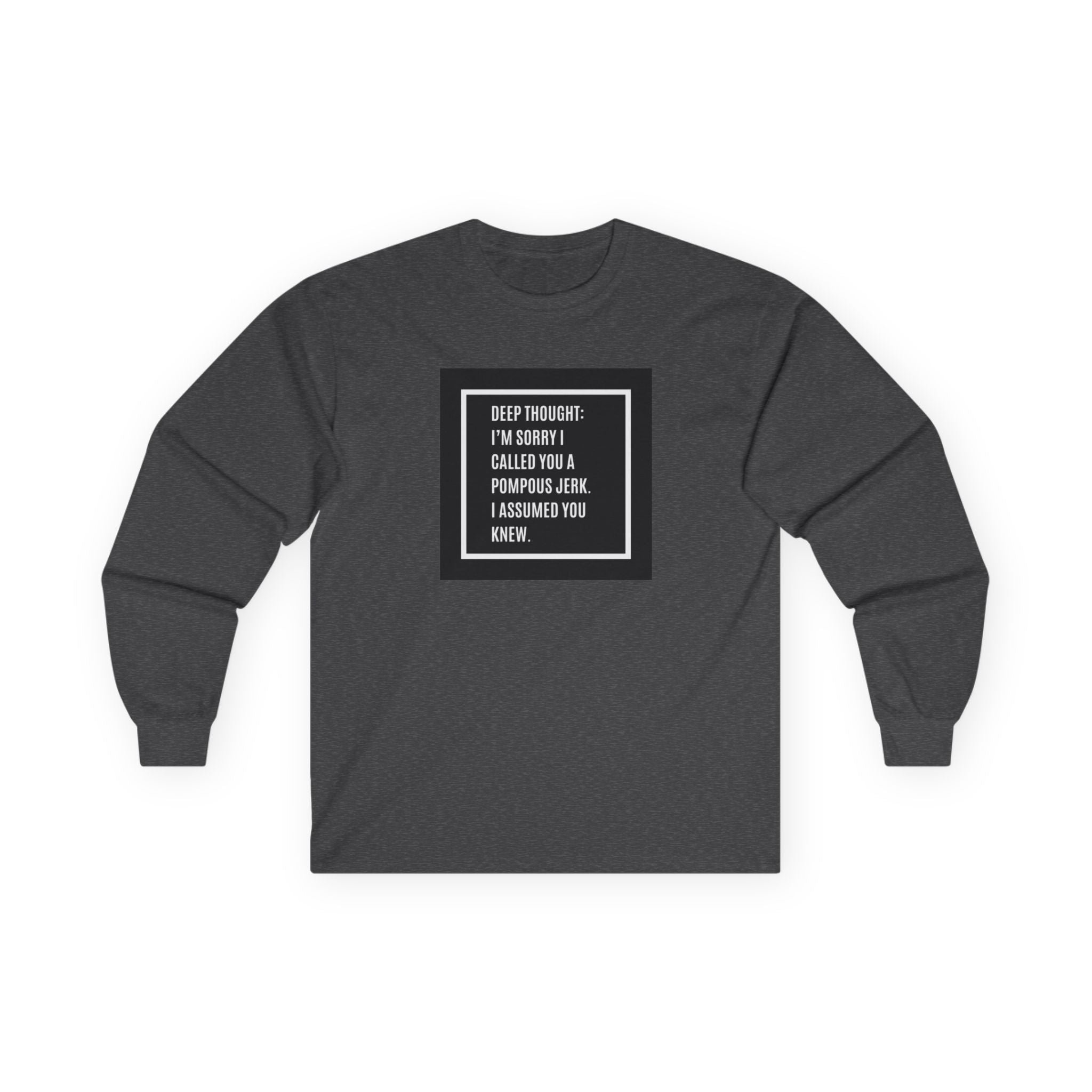 Long Sleeve Tee — "Deep Thought: I’m Sorry I Called You a Pompous Jerk" Minimal Square Graphic
