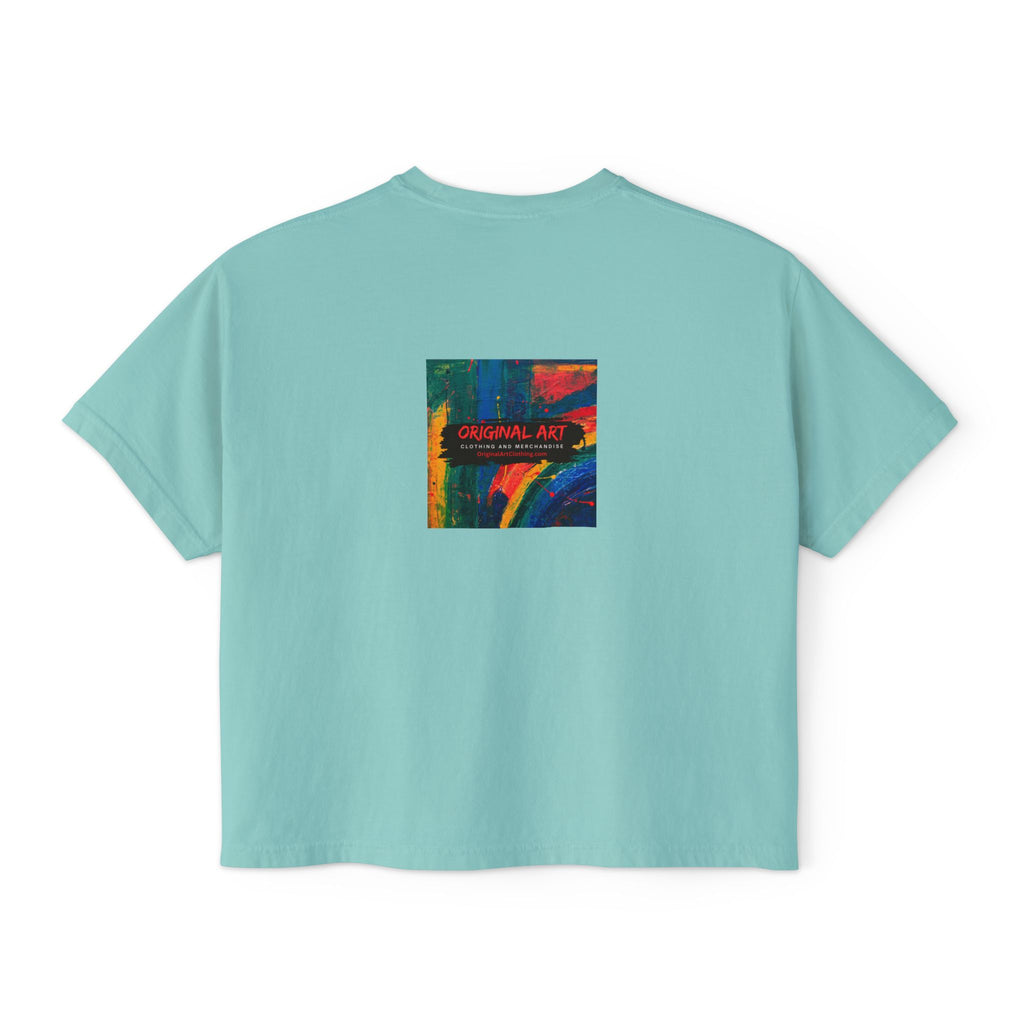 Teacher Boxy Tee — "I teach. It’s a work of heart." Minimal Front Text with Colorful Back Art
