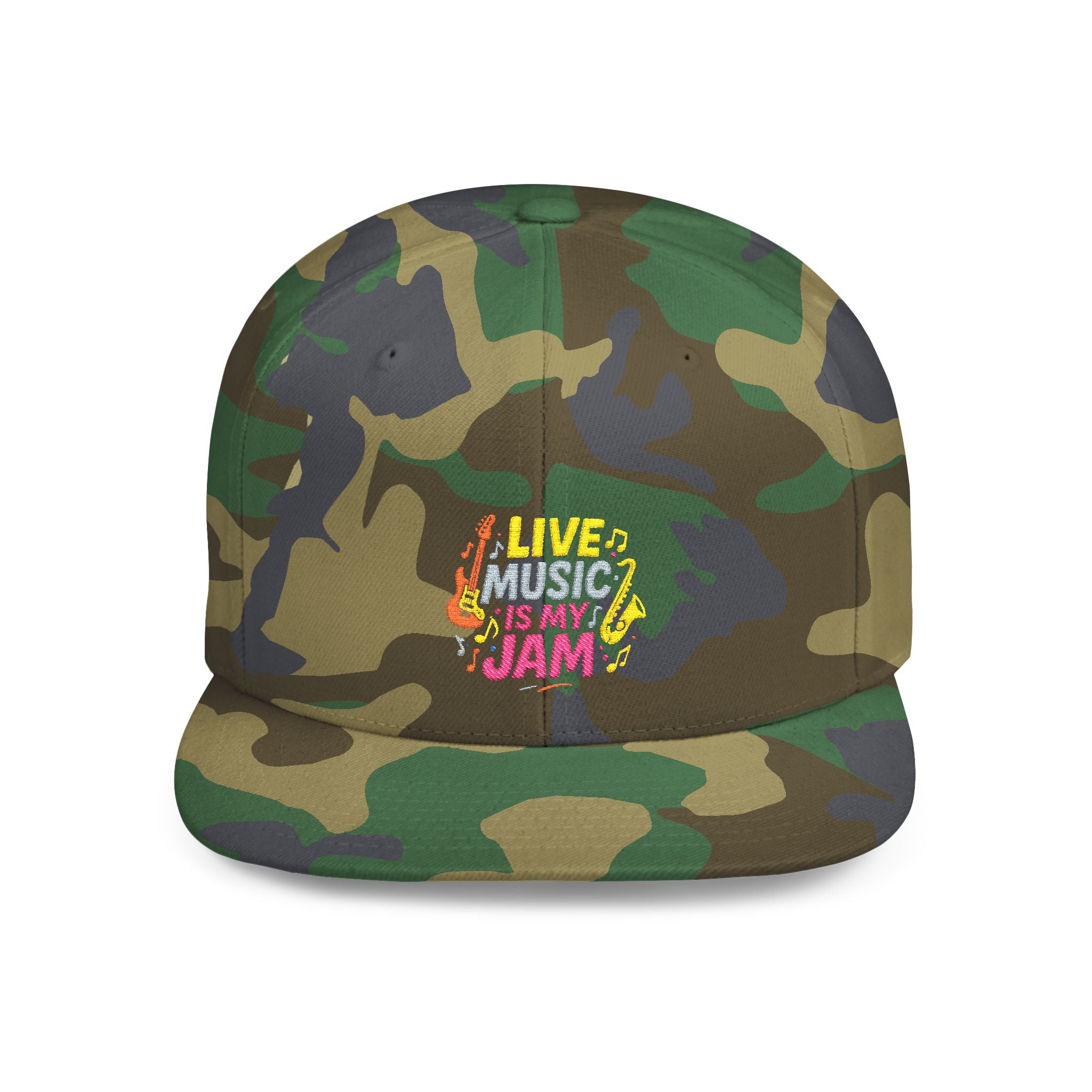 Snapback Hat — "Live Music Is My Jam" Graphic Flat Bill Cap