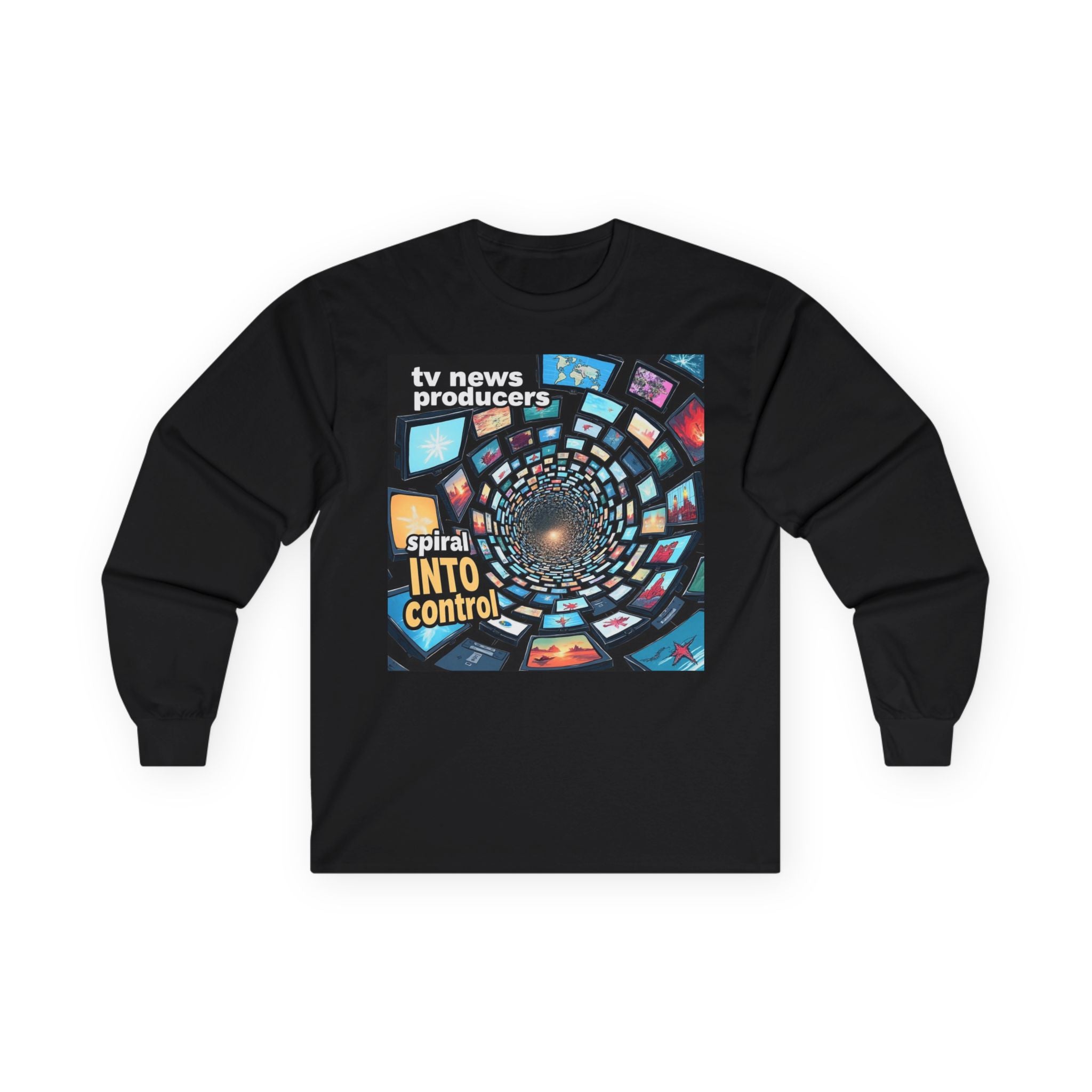 TV News Producers Spiral Into Control! Long Sleeve Tee, Unisex Graphic Tee, Gift for TV Lovers, Unique Media Shirt, Trendy Streetwear, Casual Everyday Wear