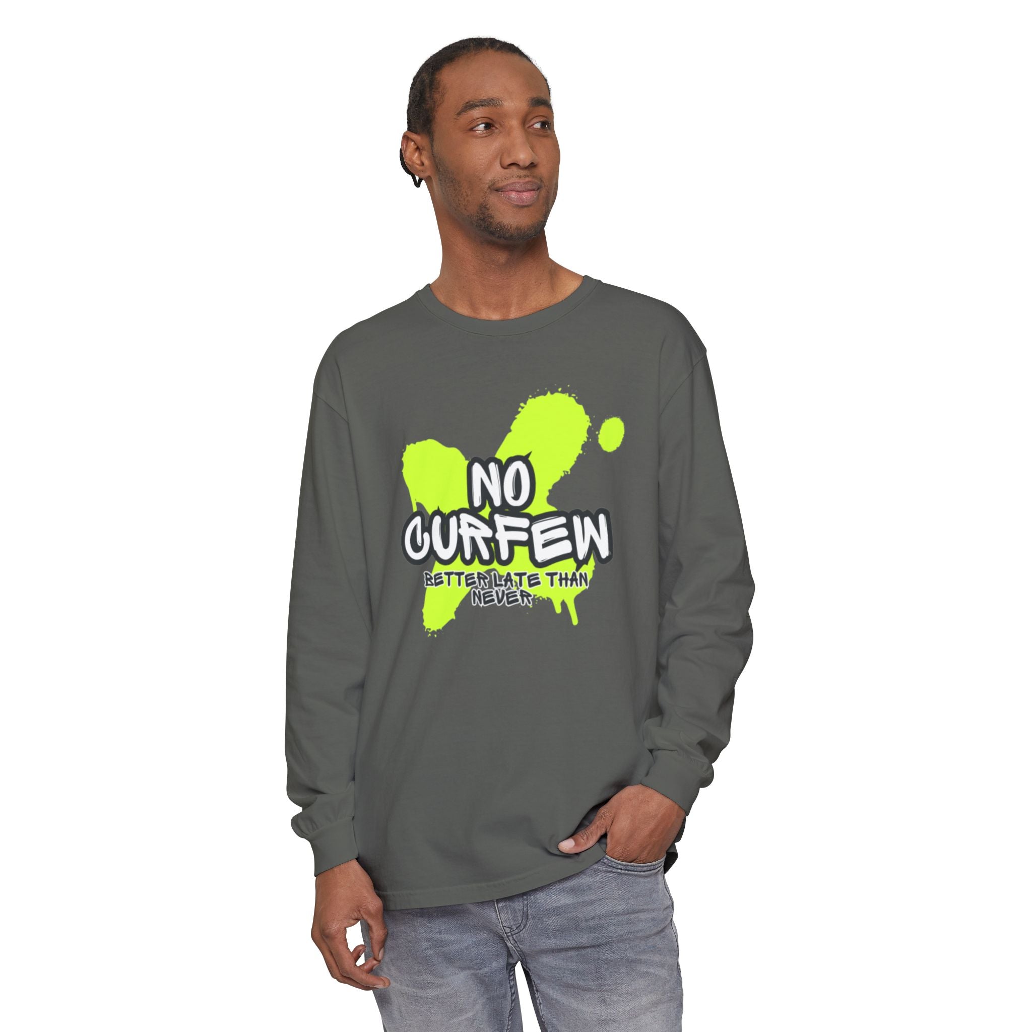 Unisex Long Sleeve Graphic Tee - Fun 'No Curfew' Design for Casual Wear, Gifts, Parties, Festivals, Youth Style