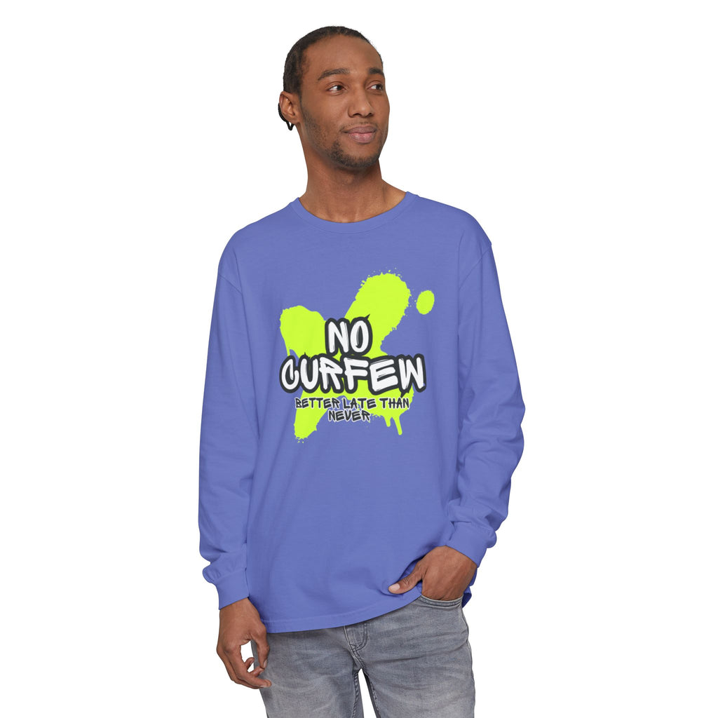 Unisex Long Sleeve Graphic Tee - Fun 'No Curfew' Design for Casual Wear, Gifts, Parties, Festivals, Youth Style