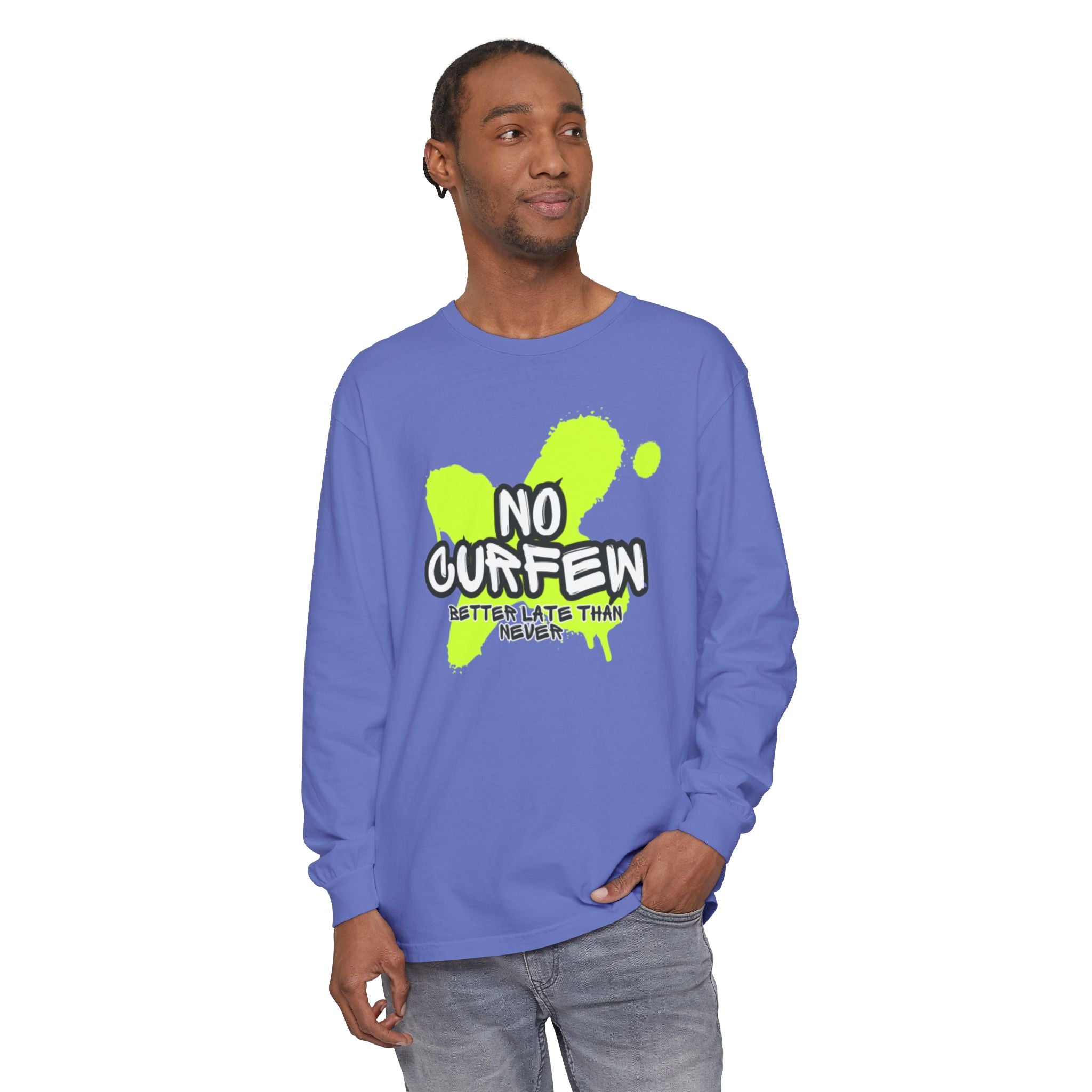 Unisex Long Sleeve Graphic Tee - Fun 'No Curfew' Design for Casual Wear, Gifts, Parties, Festivals, Youth Style