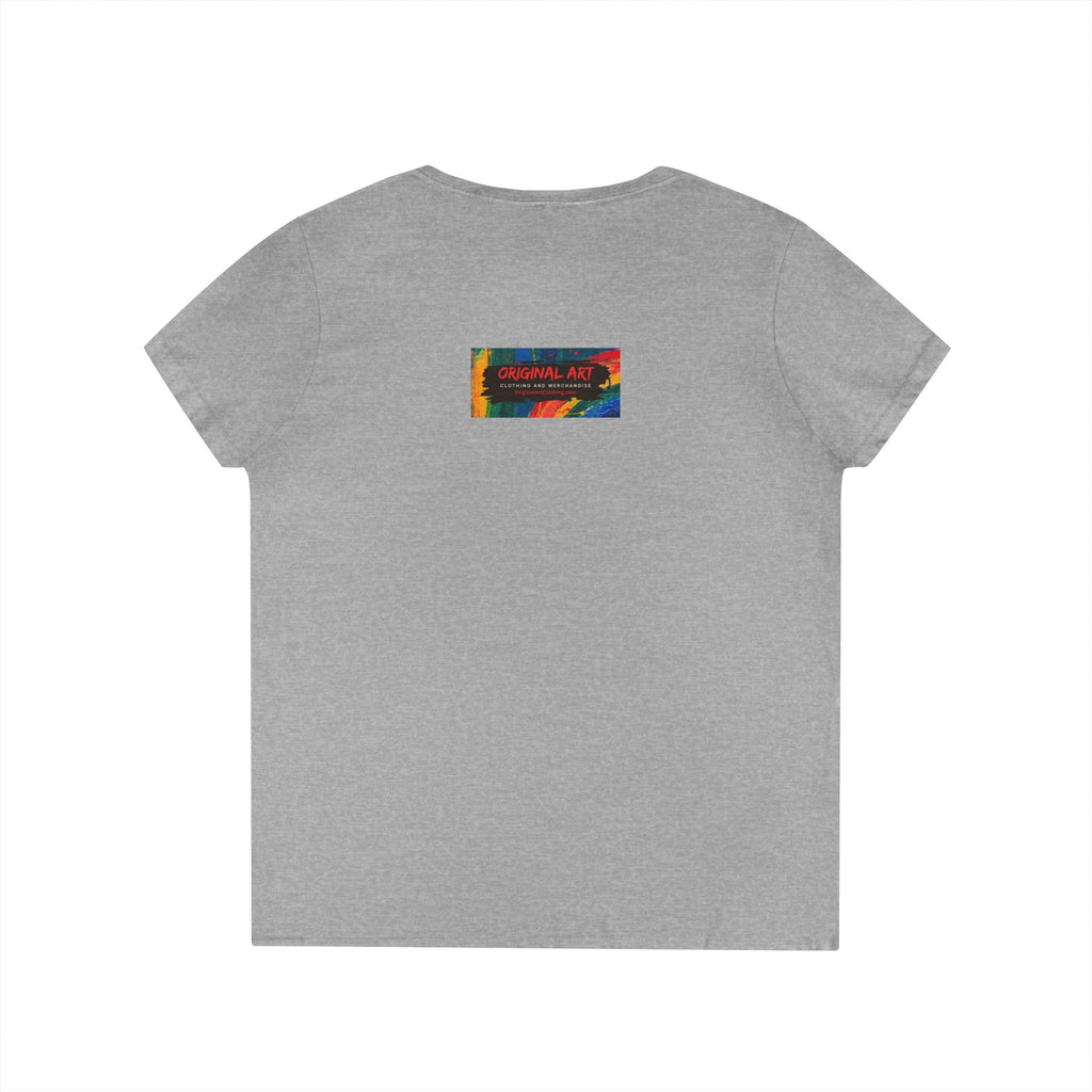 Game Changer Ladies' V-Neck T-Shirt — Minimal Front Logo & Colorful Back Art